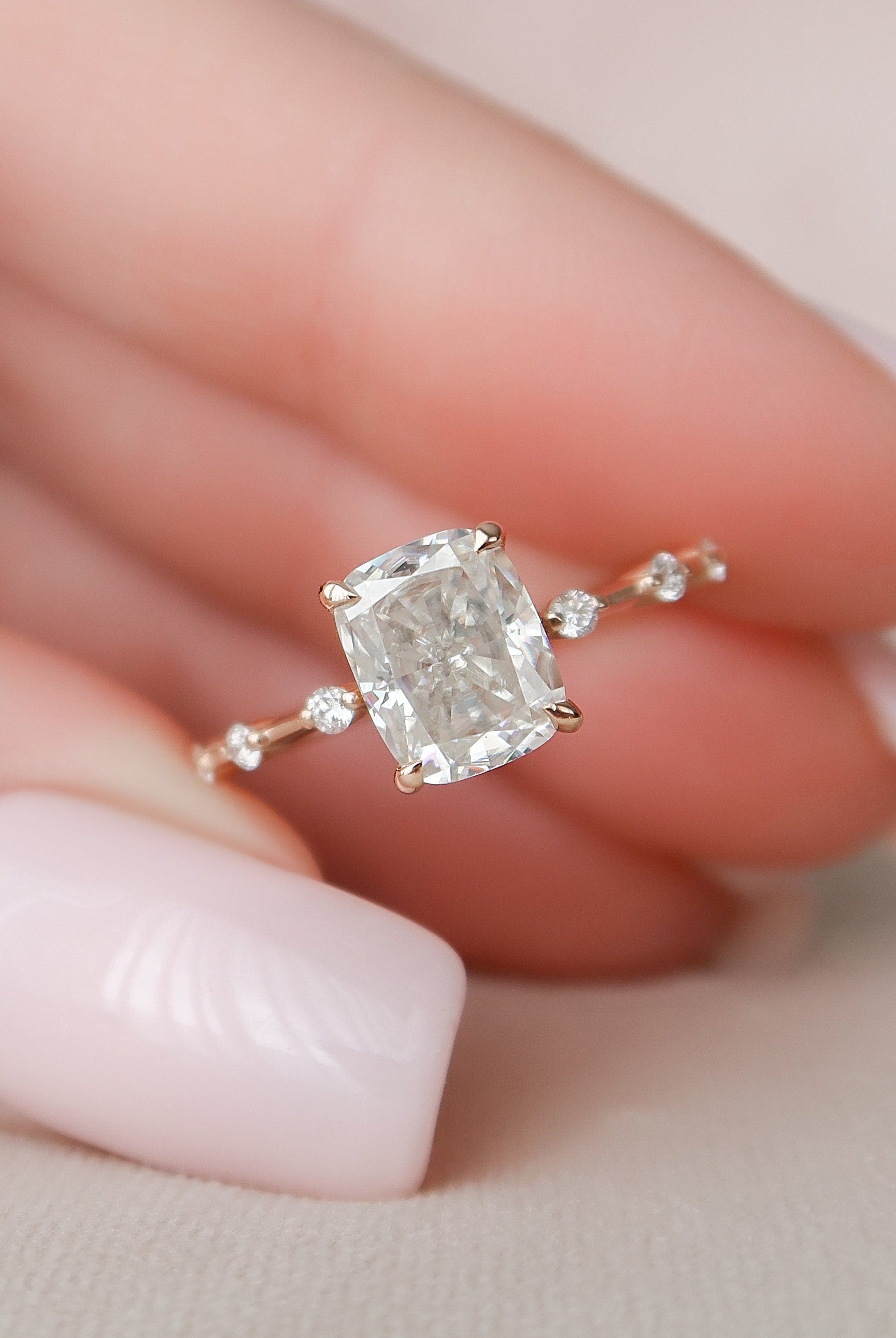 2.0CT Elongated Cushion Moissanite Diamond Petite Pave Engagement Ring