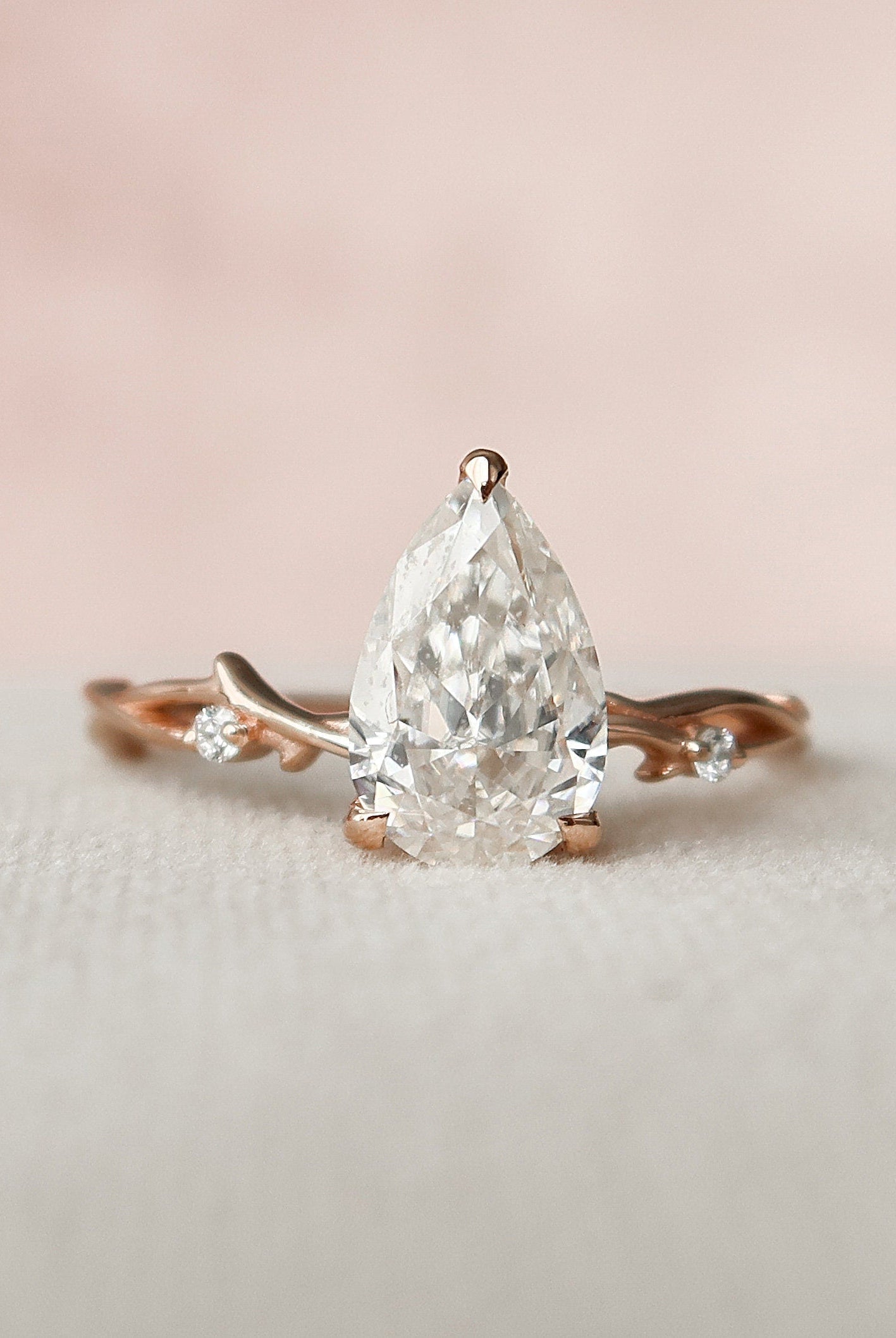 1.50CT Pear Twig Moissanite Diamond Engagement Ring In Solid Gold
