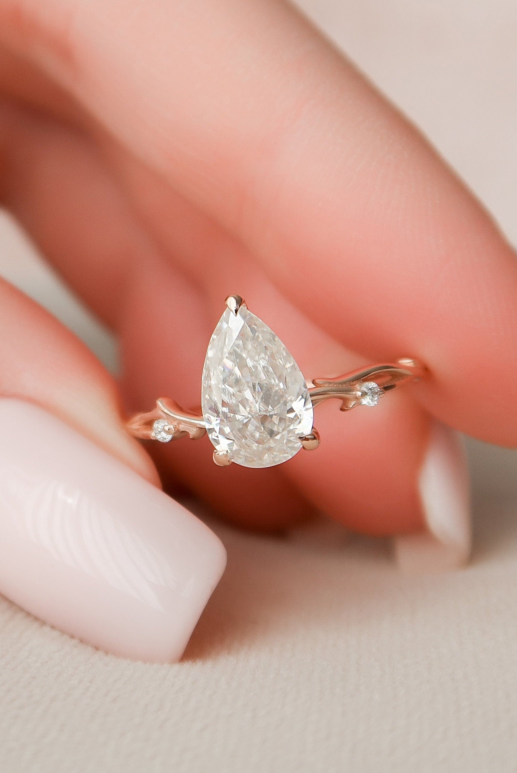 1.50CT Pear Twig Moissanite Diamond Engagement Ring In Solid Gold