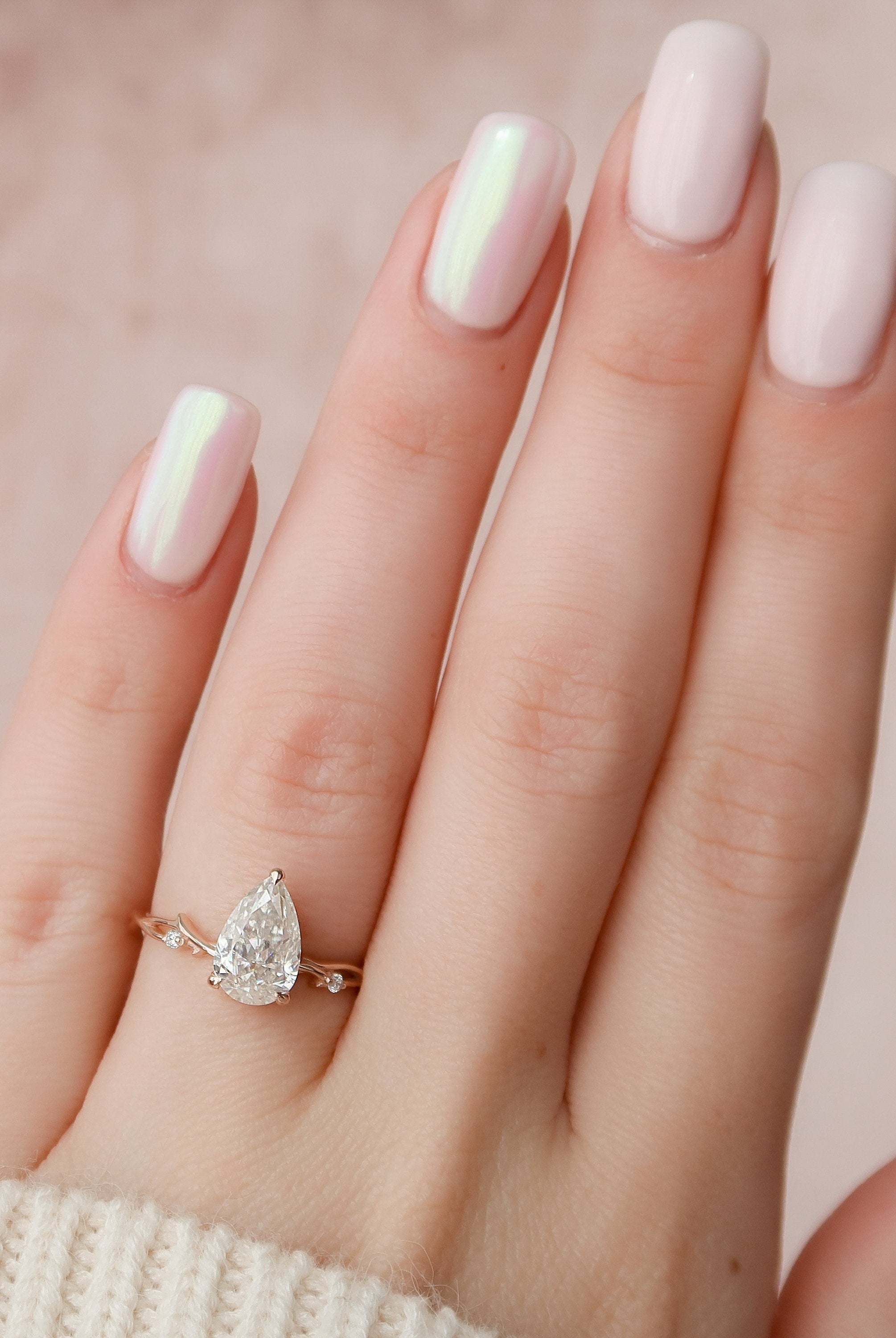 1.50CT Pear Twig Moissanite Diamond Engagement Ring In Solid Gold
