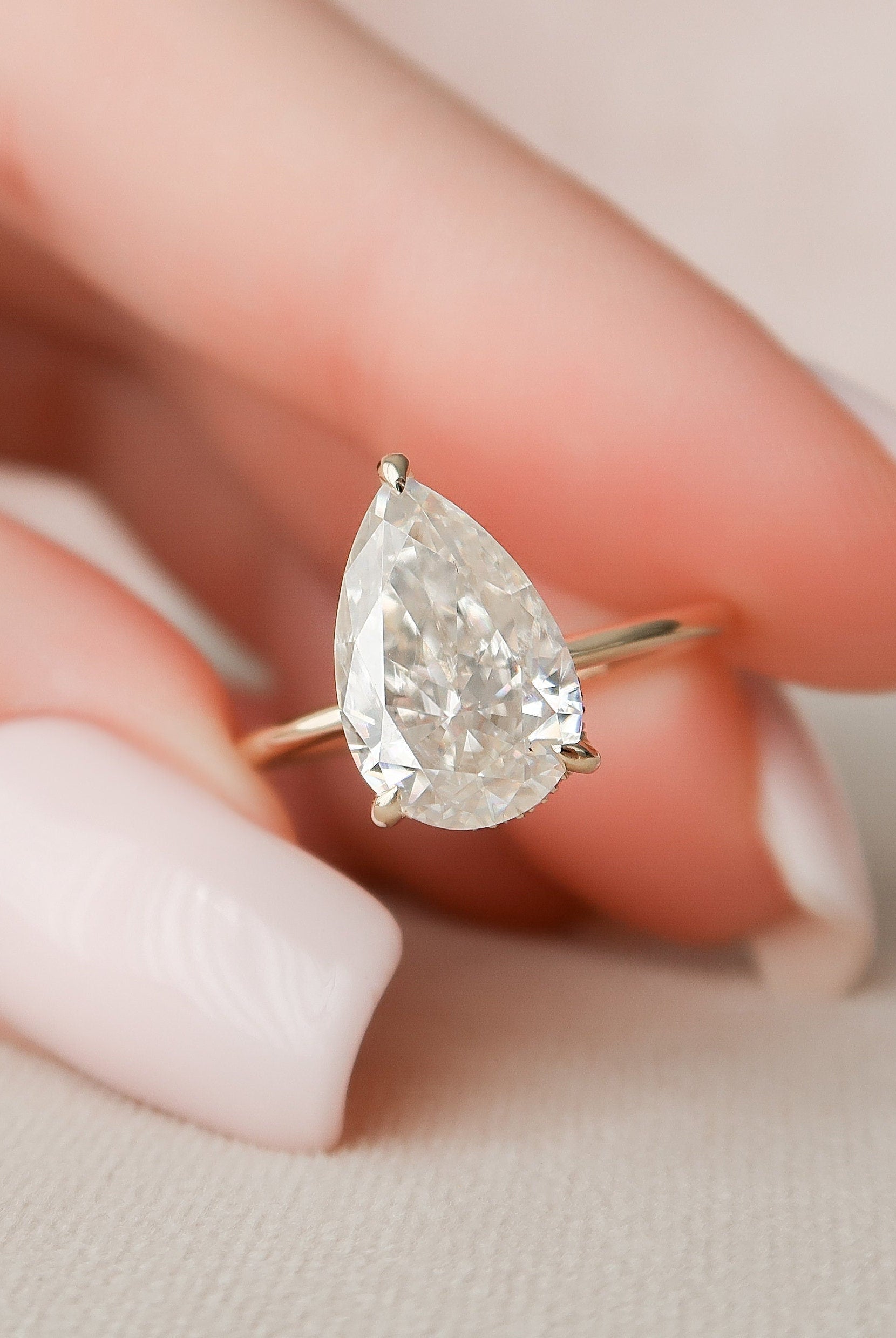 3.0CT Pear Hidden Halo Moissanite Diamond Solitaire Engagement Ring