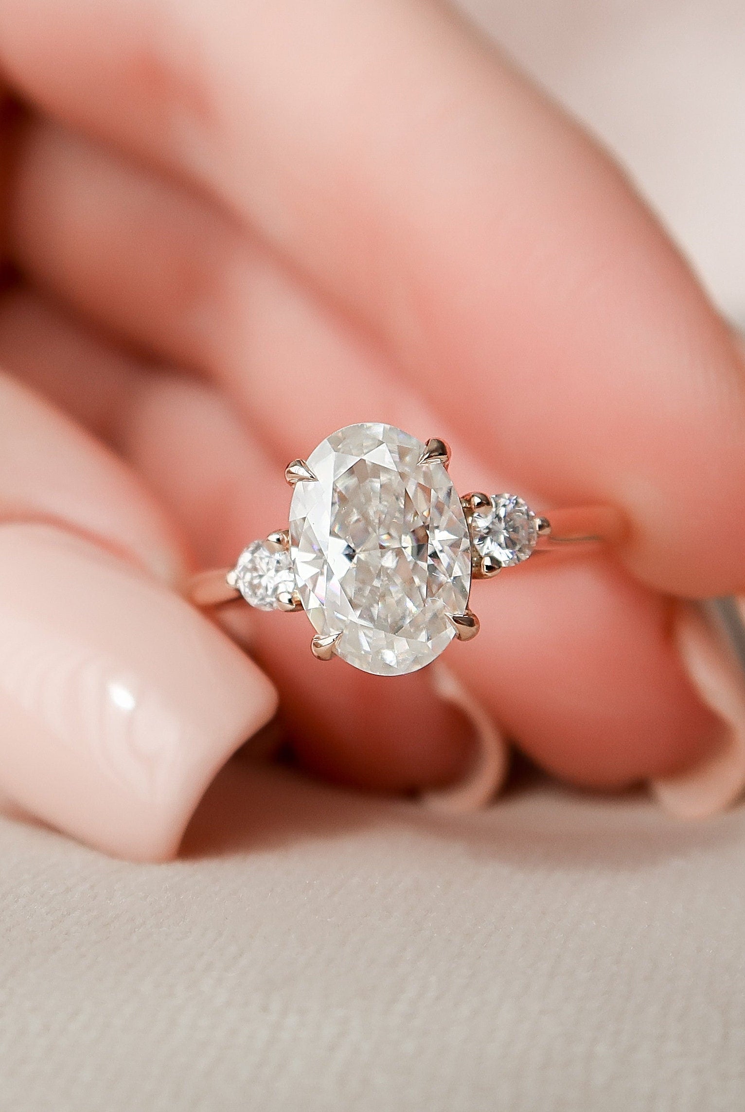 2.0CT Elongated Oval Three Stone Moissanite Diamond Hidden Halo Engagement Ring
