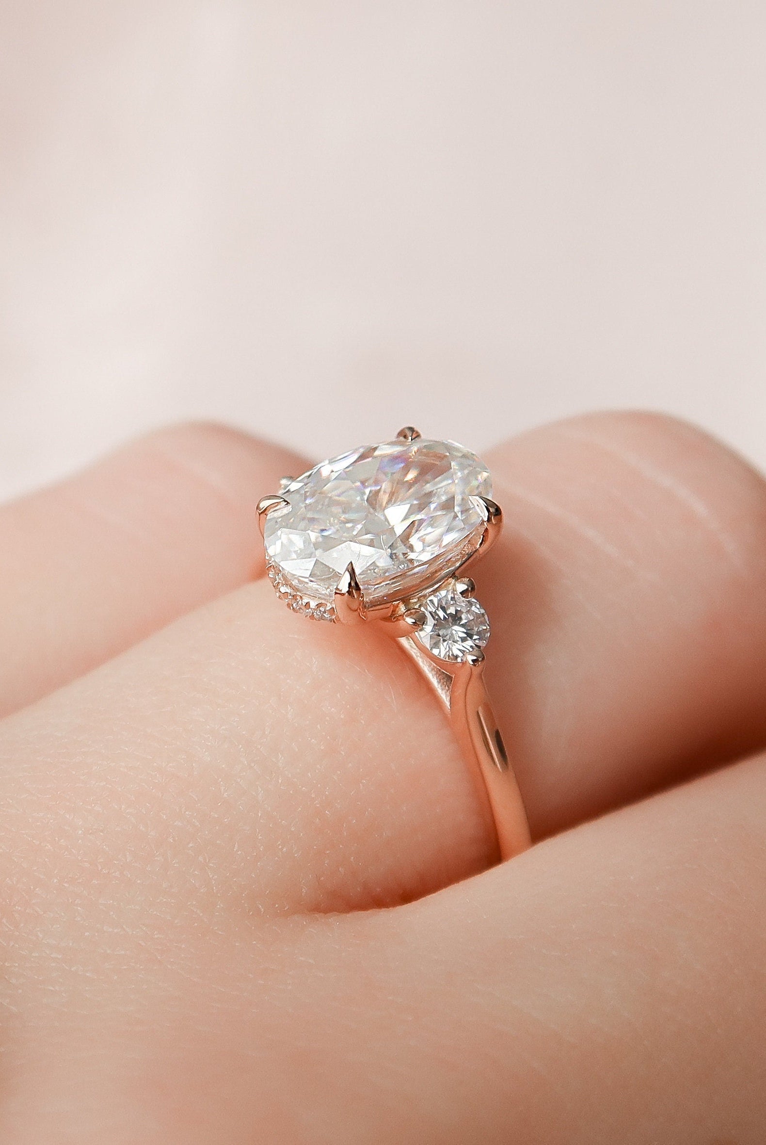2.0CT Elongated Oval Three Stone Moissanite Diamond Hidden Halo Engagement Ring