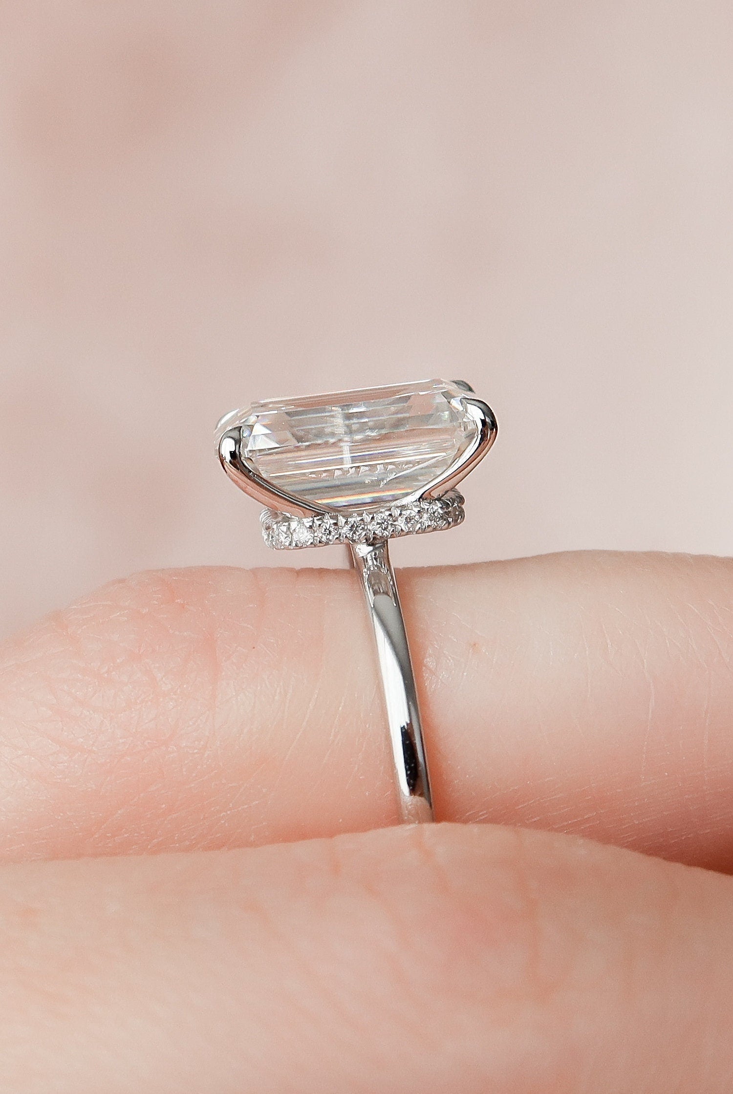 5.0CT Emerald Cut Hidden Halo Moissanite Diamond Solitaire Engagement Ring