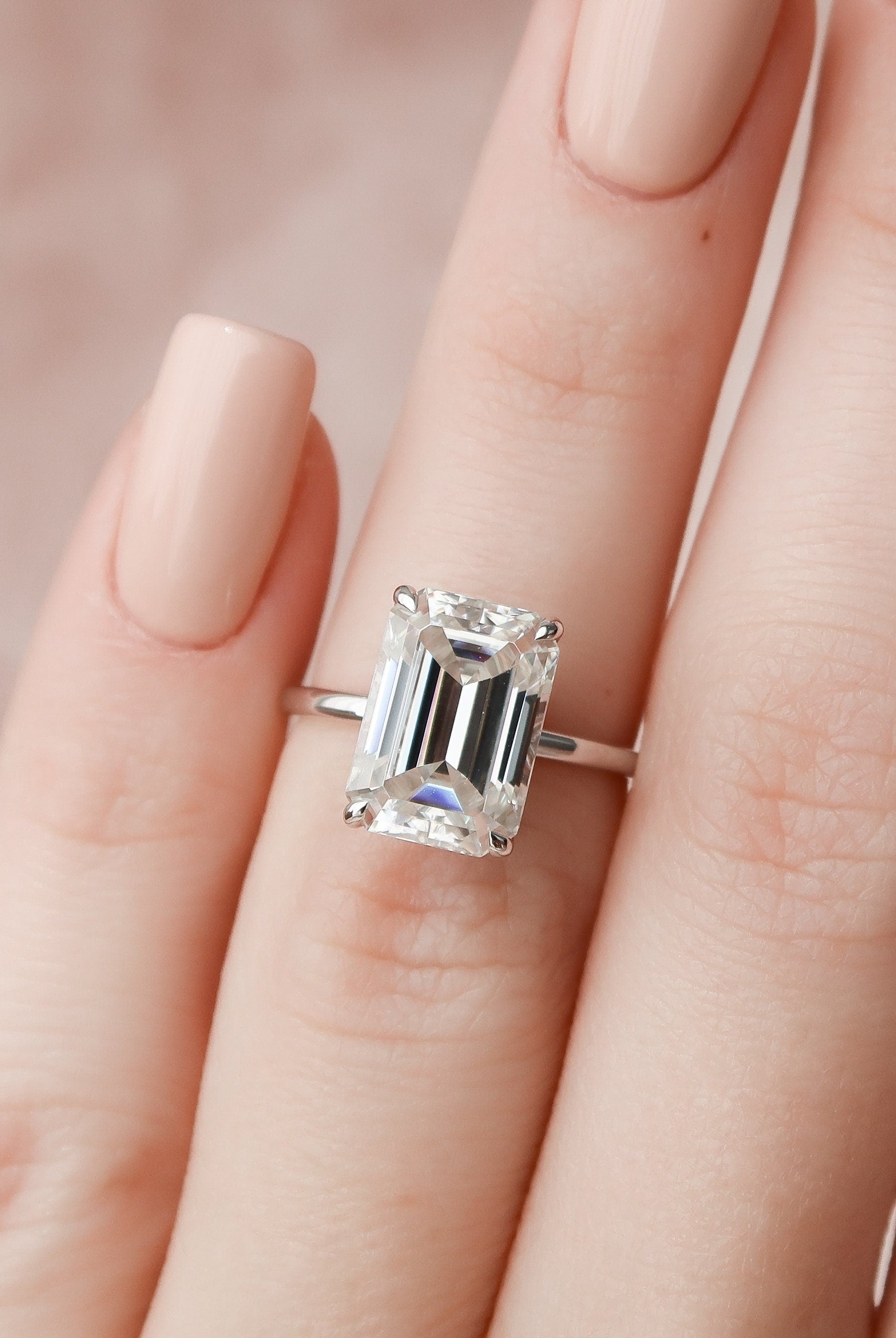 5.0CT Emerald Cut Hidden Halo Moissanite Diamond Solitaire Engagement Ring