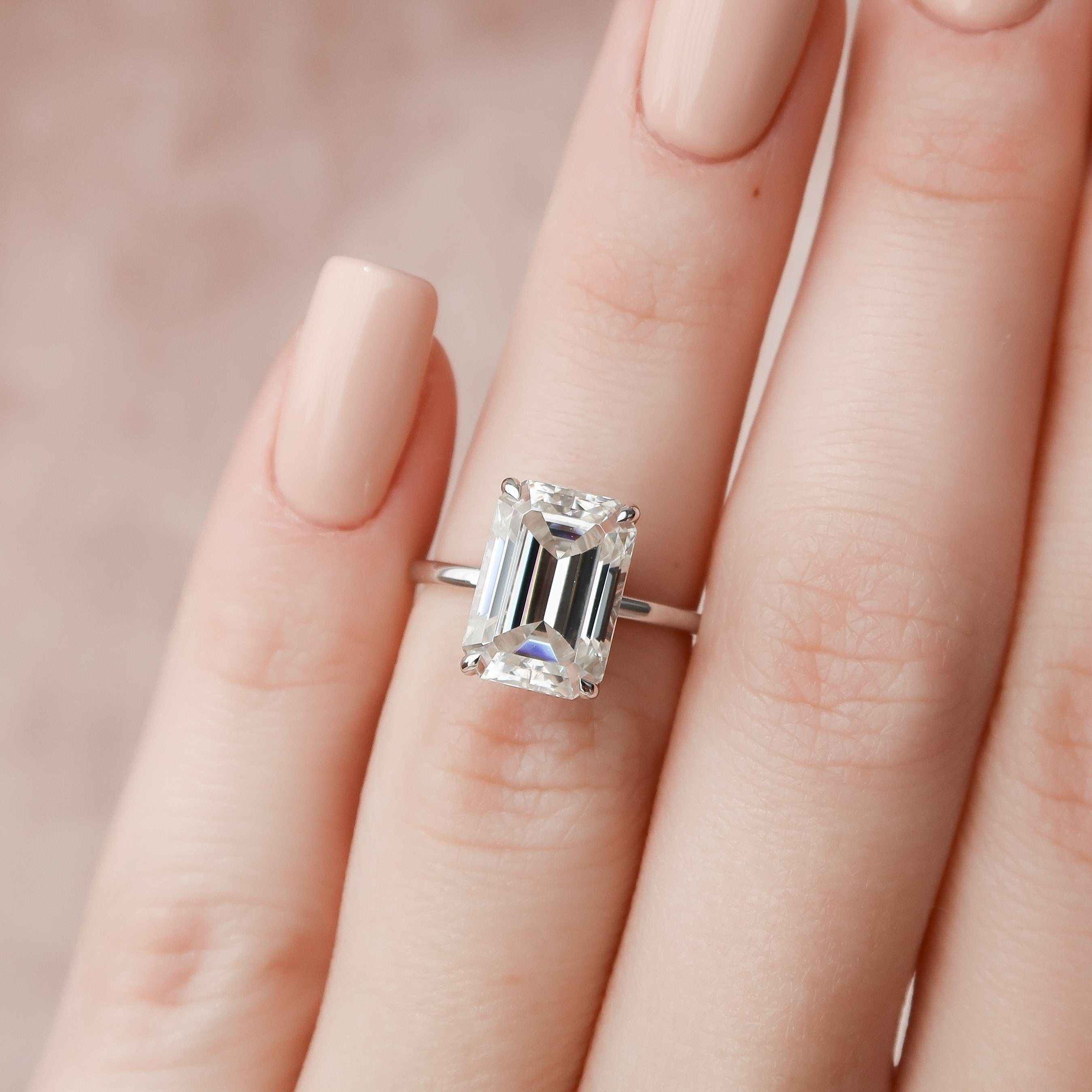 5.0CT Emerald Cut Hidden Halo Moissanite Diamond Solitaire Engagement Ring