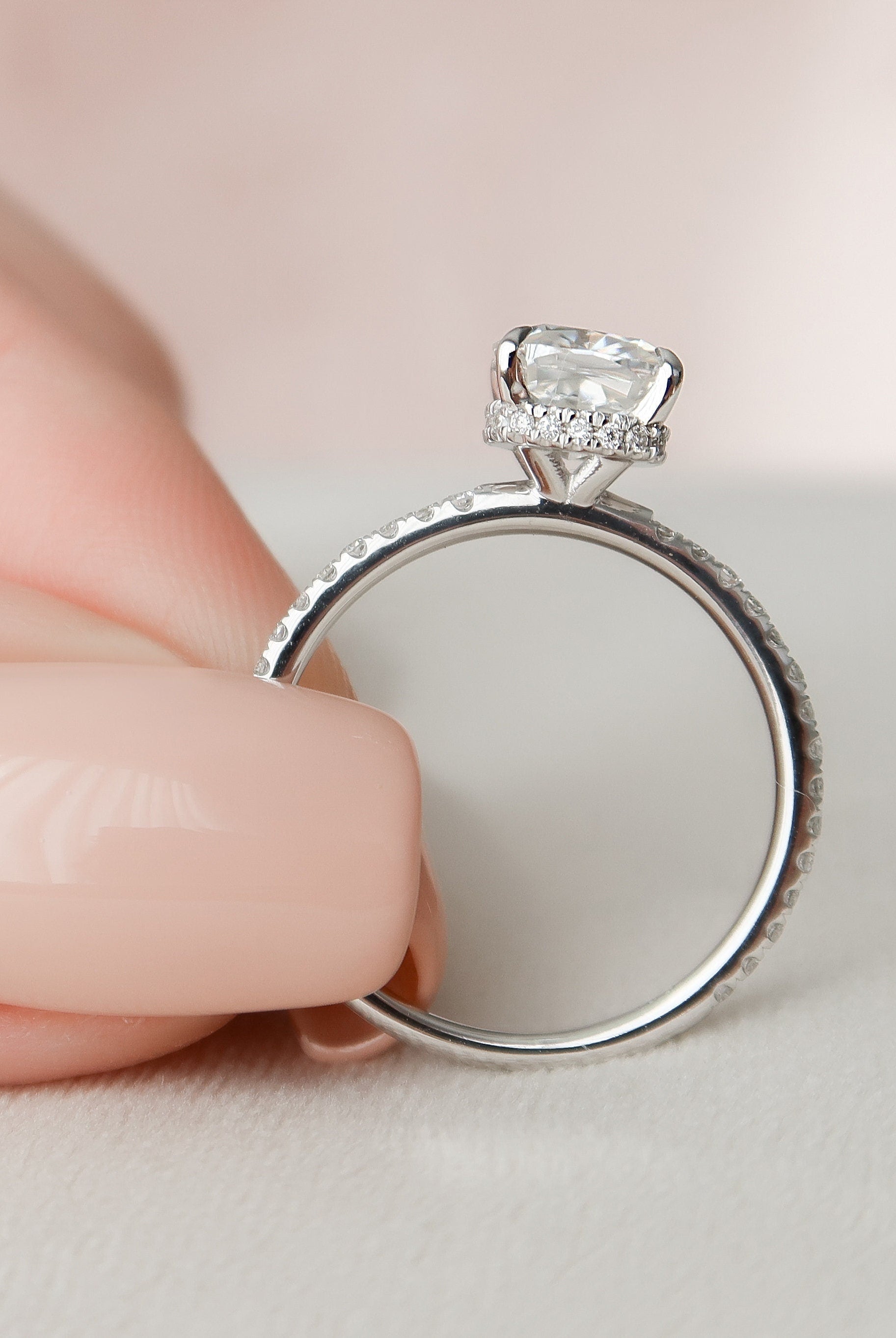 1.50CT Cushion Hidden Halo Moissanite Diamond Pave Engagement Ring In Solid Gold