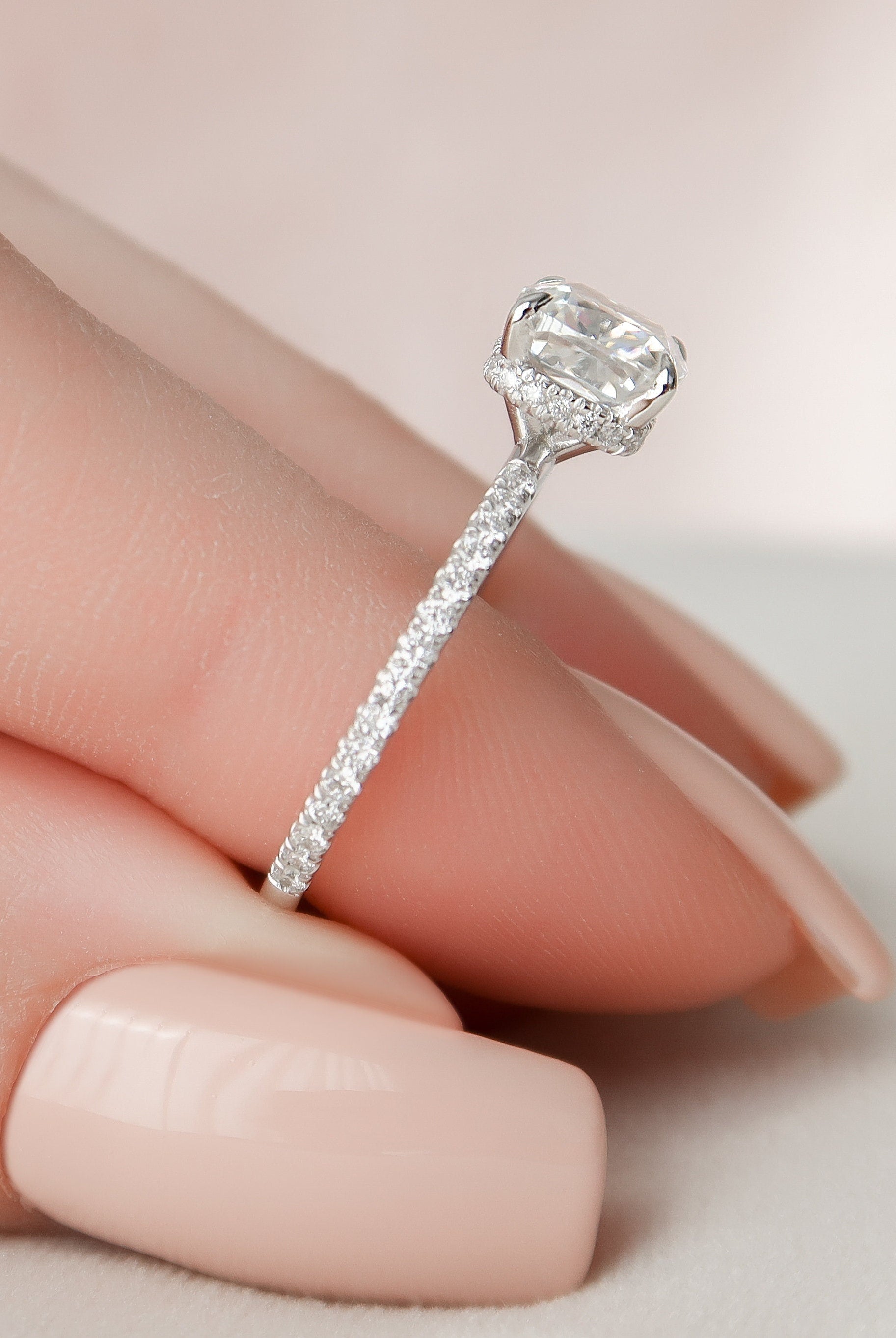 1.50CT Cushion Hidden Halo Moissanite Diamond Pave Engagement Ring In Solid Gold