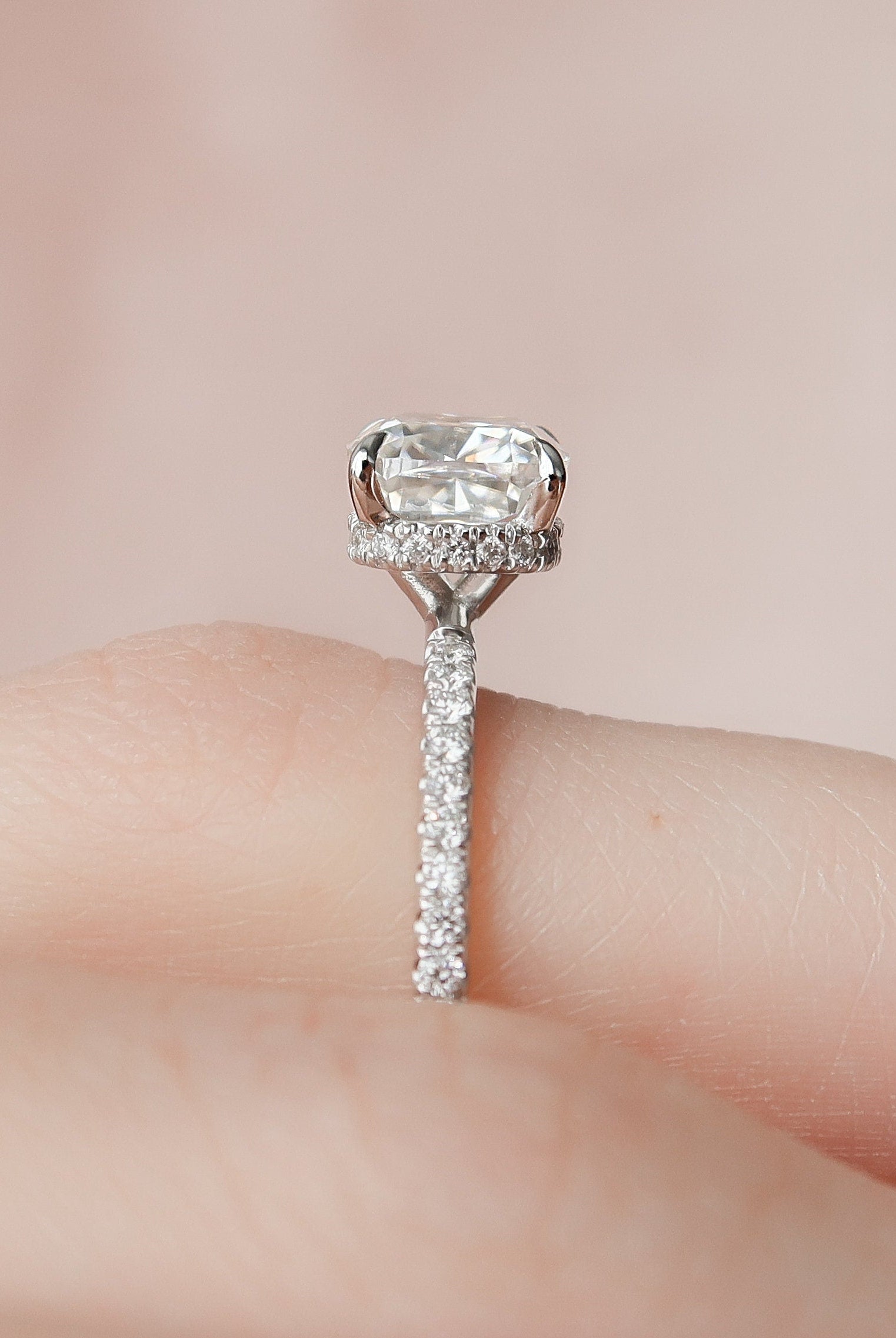 1.50CT Cushion Hidden Halo Moissanite Diamond Pave Engagement Ring In Solid Gold