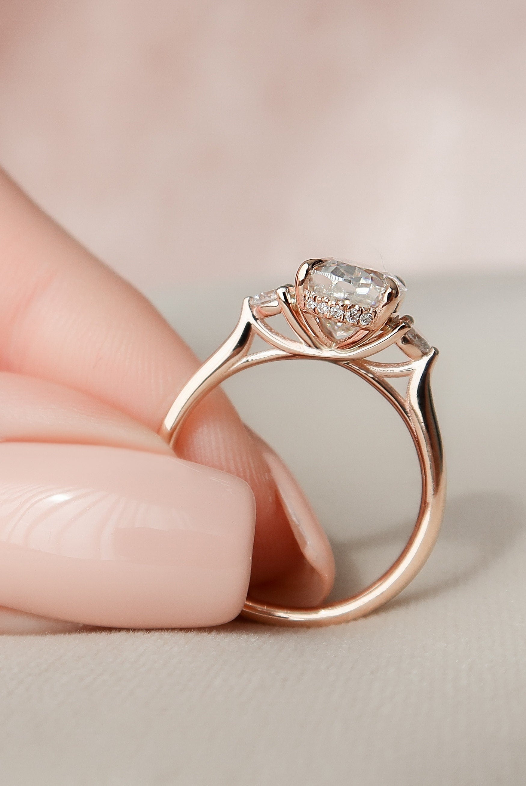2.0CT Elongated Oval Three Stone Moissanite Diamond Hidden Halo Engagement Ring