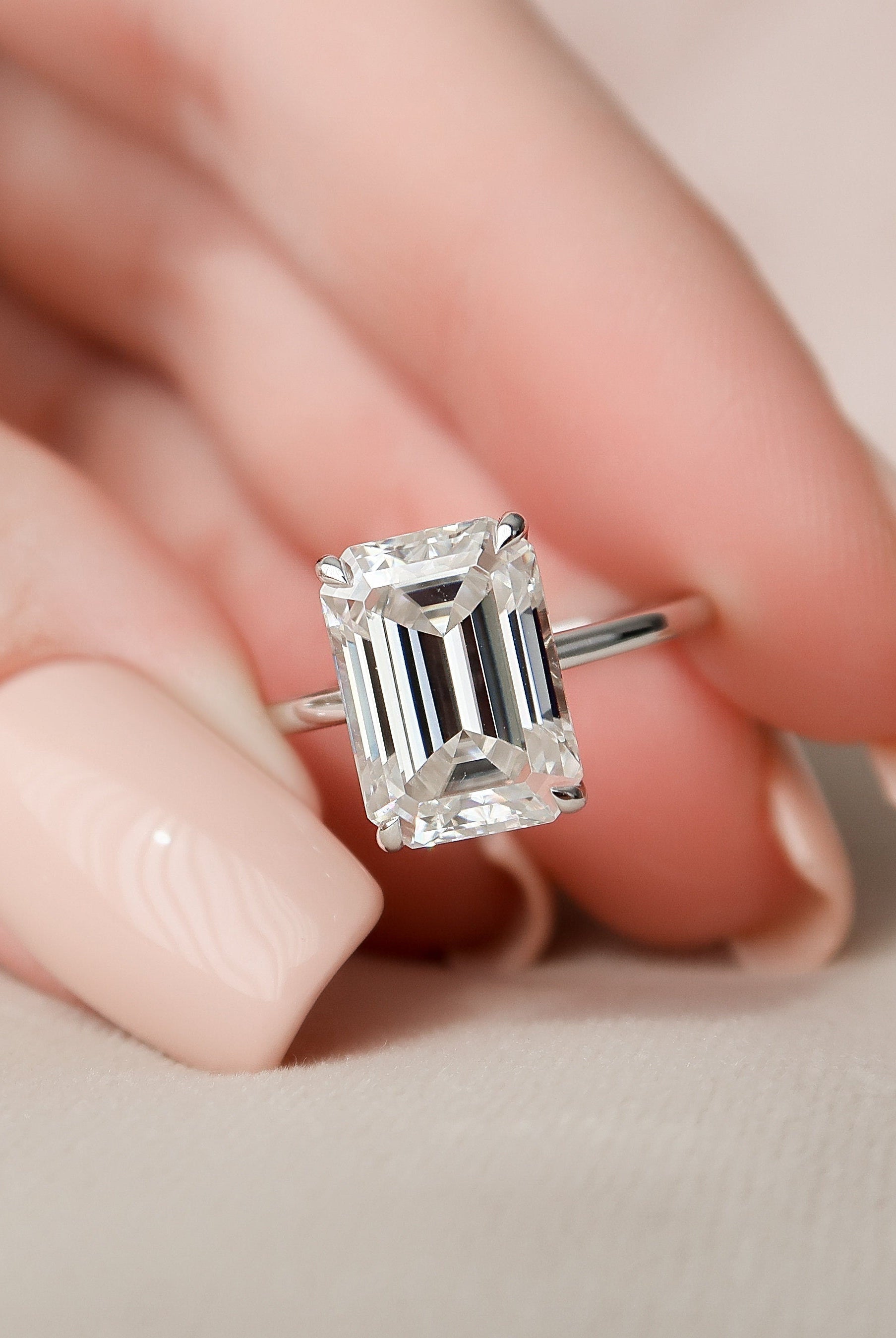5.0CT Emerald Cut Hidden Halo Moissanite Diamond Solitaire Engagement Ring