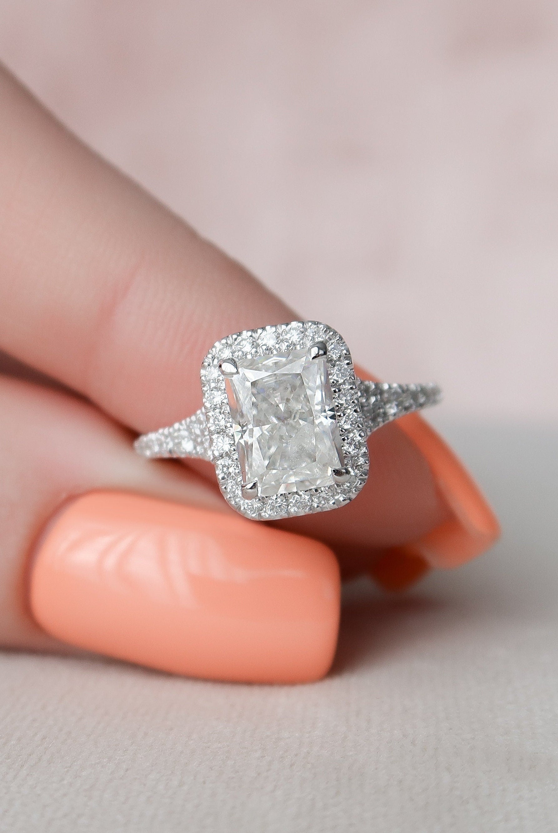 3.50CT Radiant Hidden Halo Moissanite Diamond Split Shank Engagement Ring