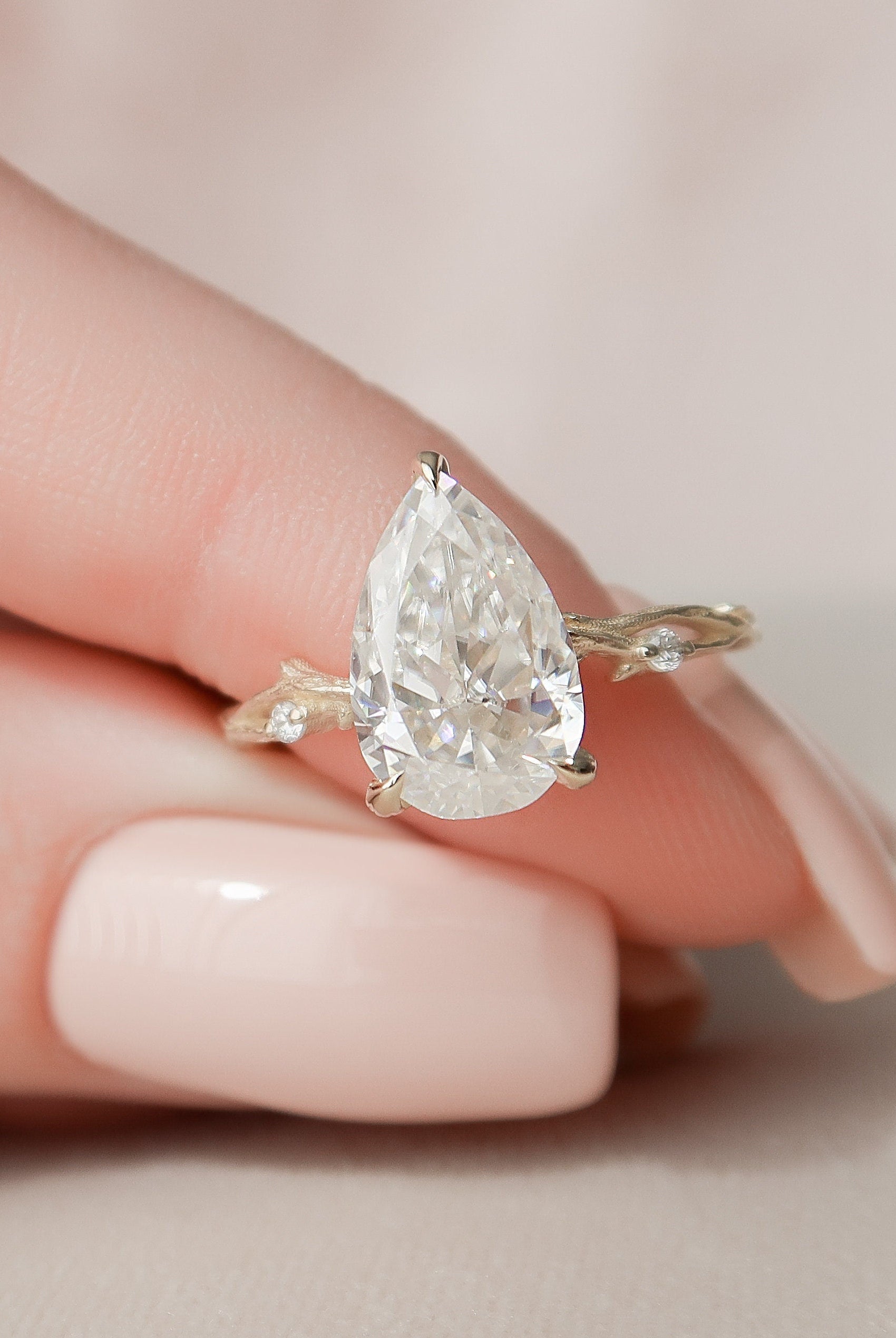 2.50CT Pear Twig Moissanite Diamond Three Prong Engagement Ring