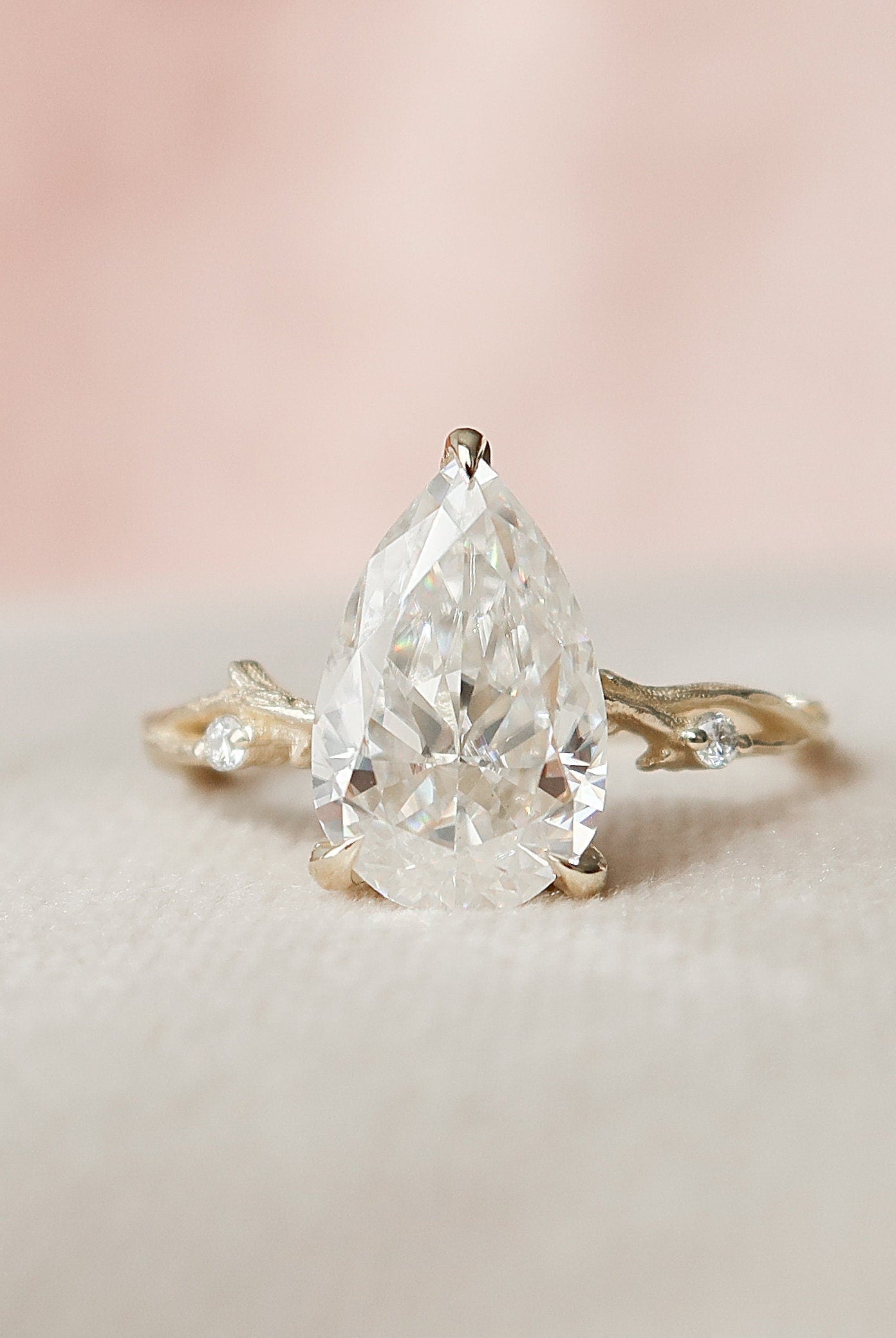 2.50CT Pear Twig Moissanite Diamond Three Prong Engagement Ring