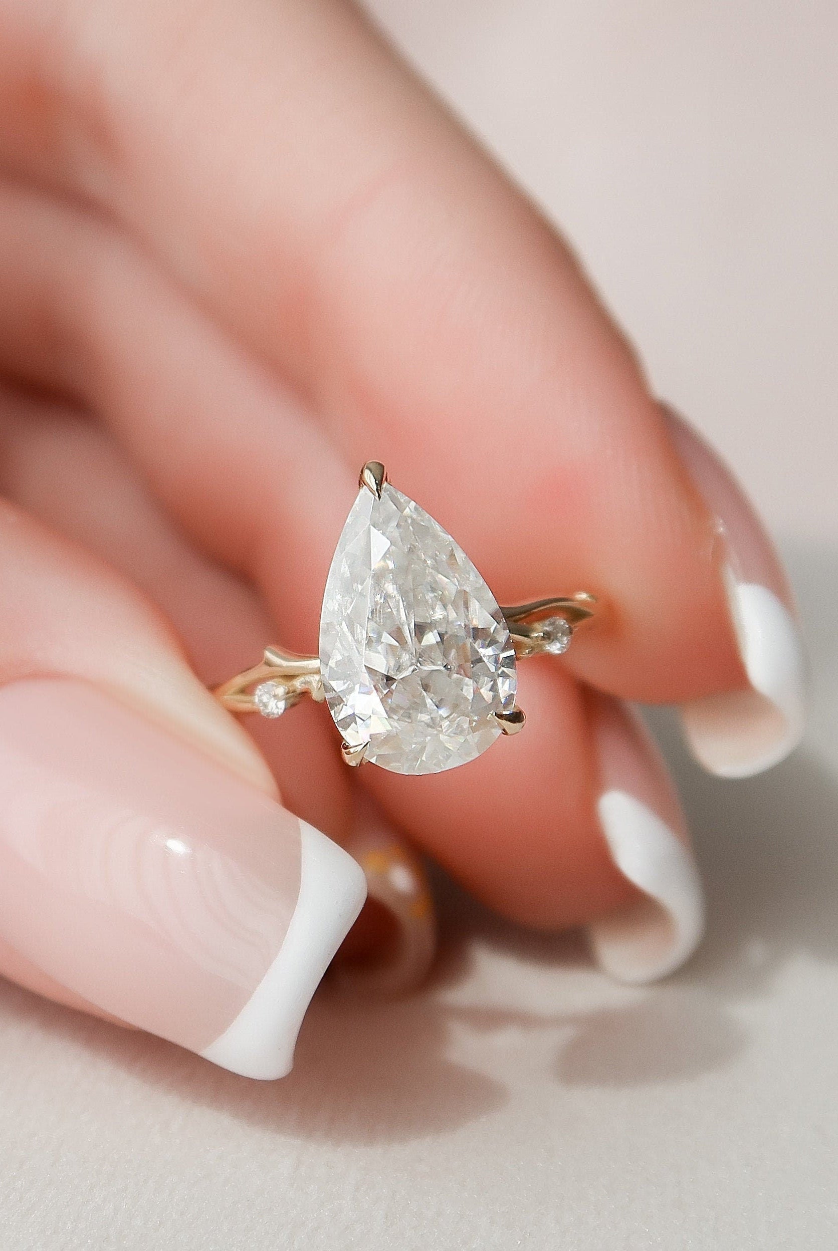 2.50CT Pear Twig Moissanite Diamond Three Prong Engagement Ring