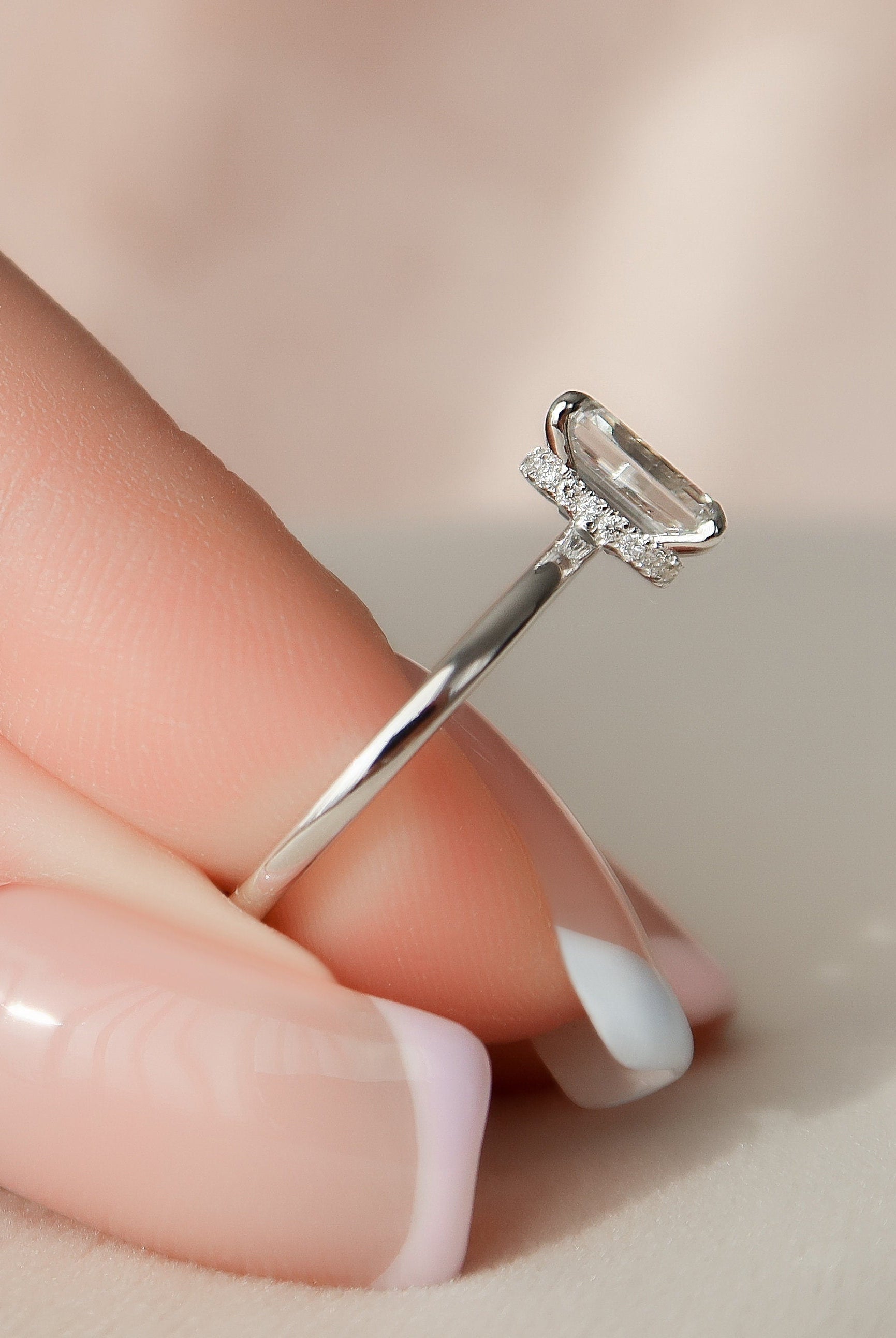 1.50CT Emerald Cut Open Setting Moissanite Diamond Hidden Halo Engagement Ring