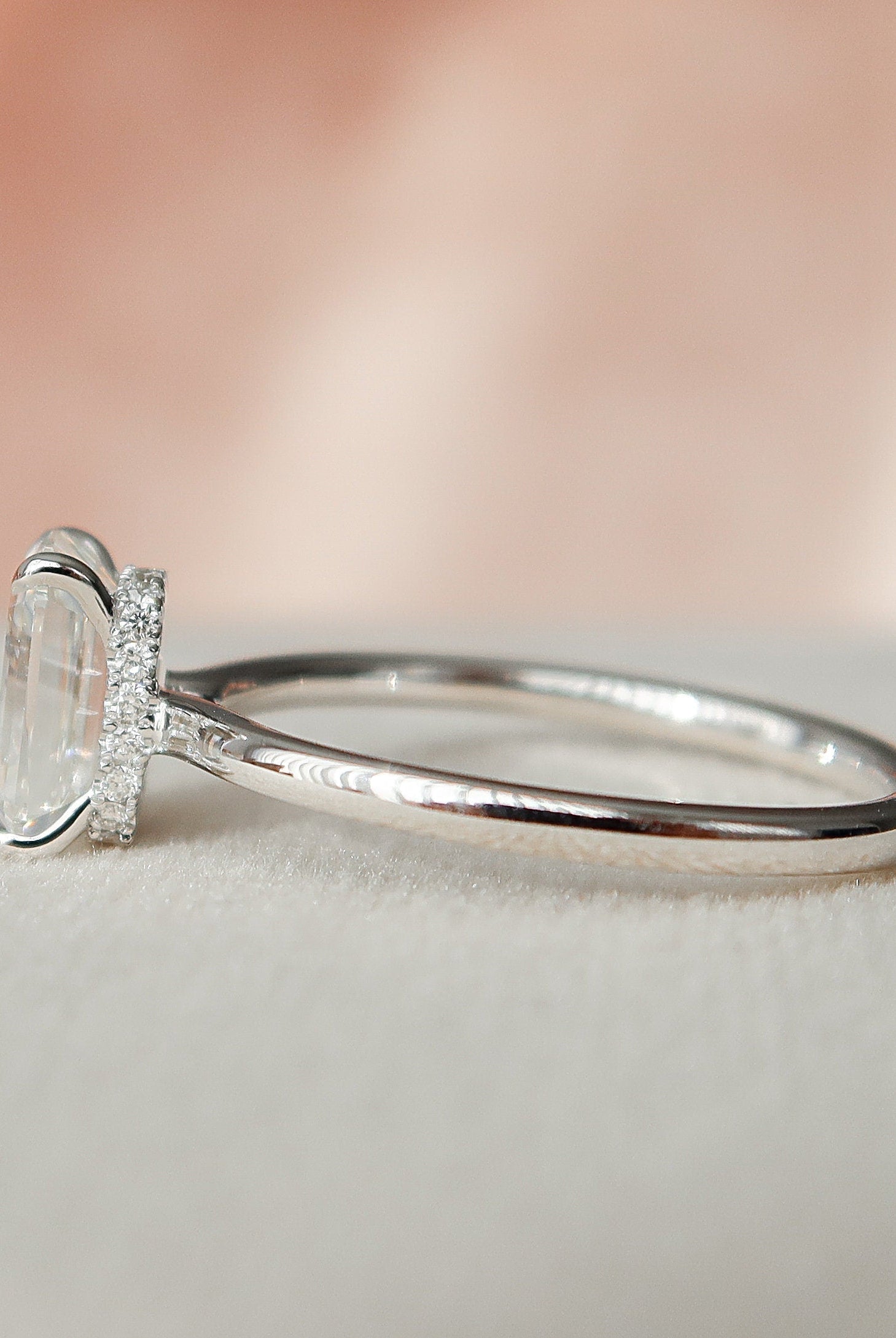 1.50CT Emerald Cut Open Setting Moissanite Diamond Hidden Halo Engagement Ring