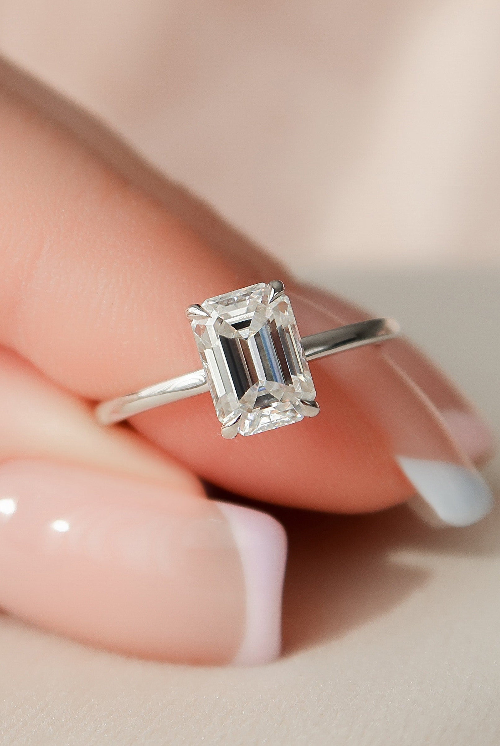 1.50CT Emerald Cut Open Setting Moissanite Diamond Hidden Halo Engagement Ring