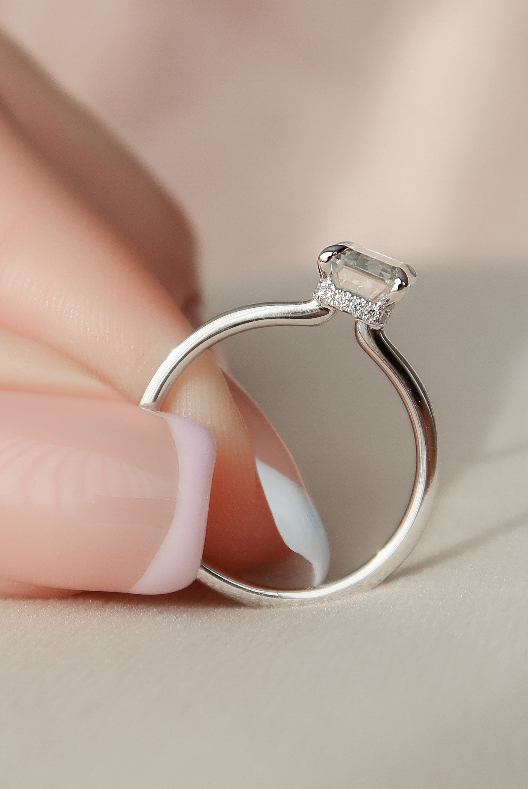 1.50CT Emerald Cut Open Setting Moissanite Diamond Hidden Halo Engagement Ring