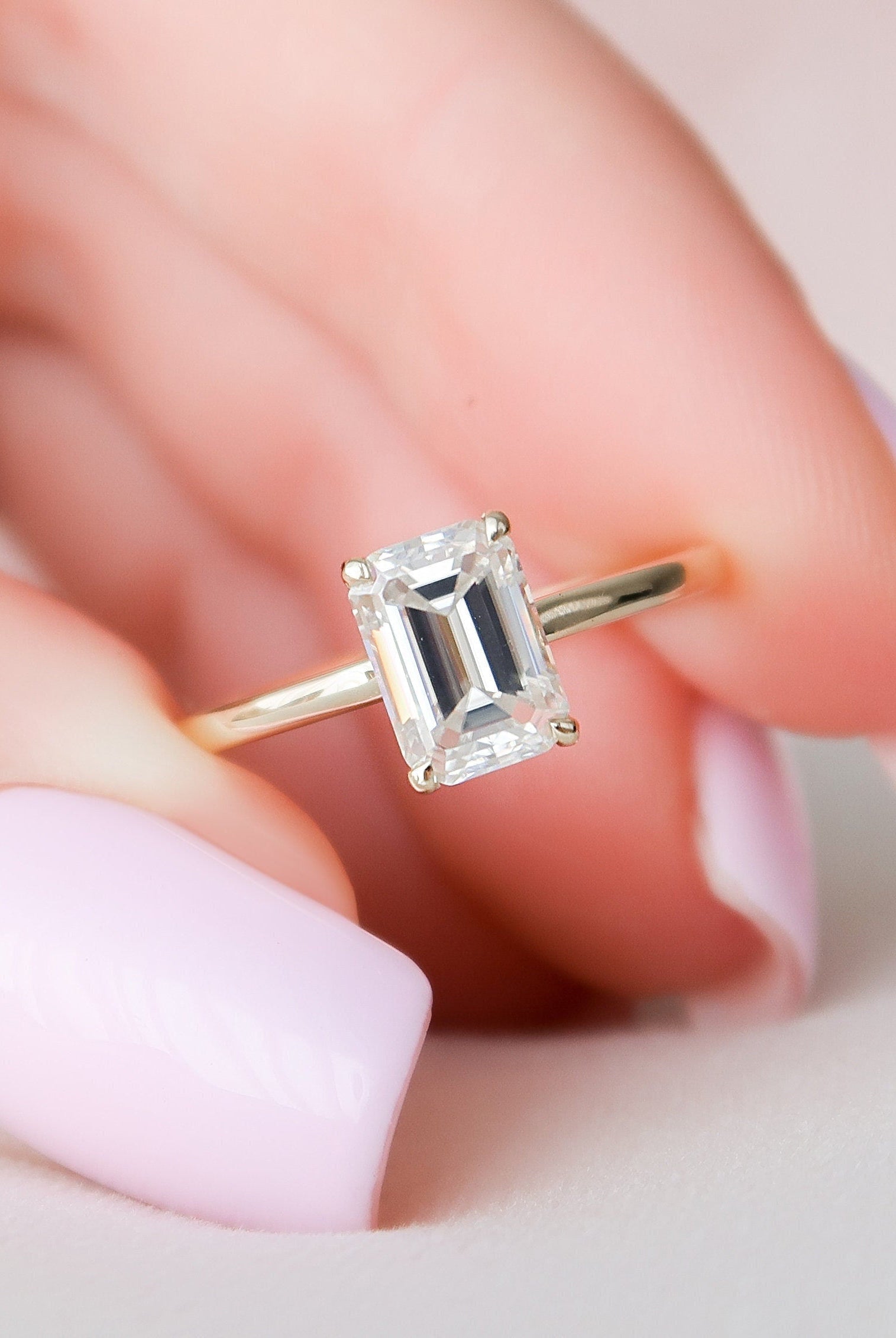 1.50CT Emerald Cut Open Setting Moissanite Diamond Hidden Halo Engagement Ring