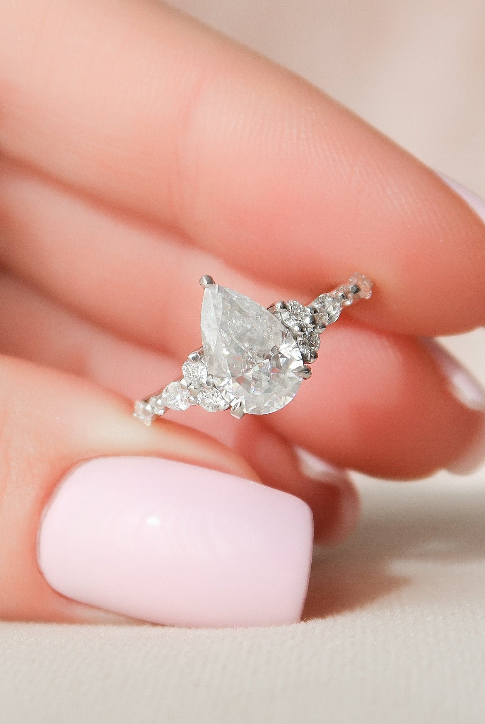 1.50CT Pear Moissanite Diamond Cluster Engagement Ring For Women