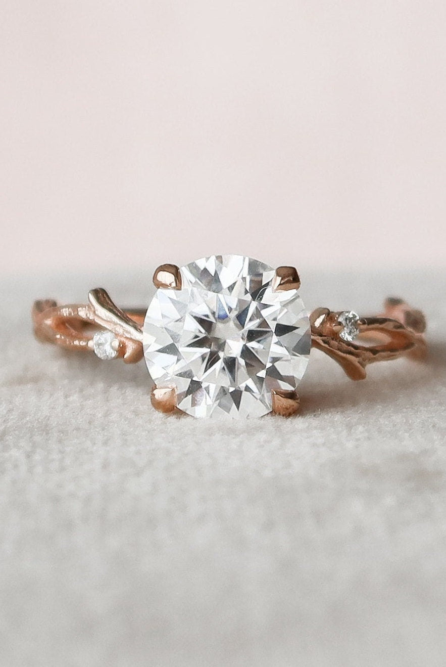 2.0CT Round Twig Moissanite Diamond Engagement Ring In Solid Gold
