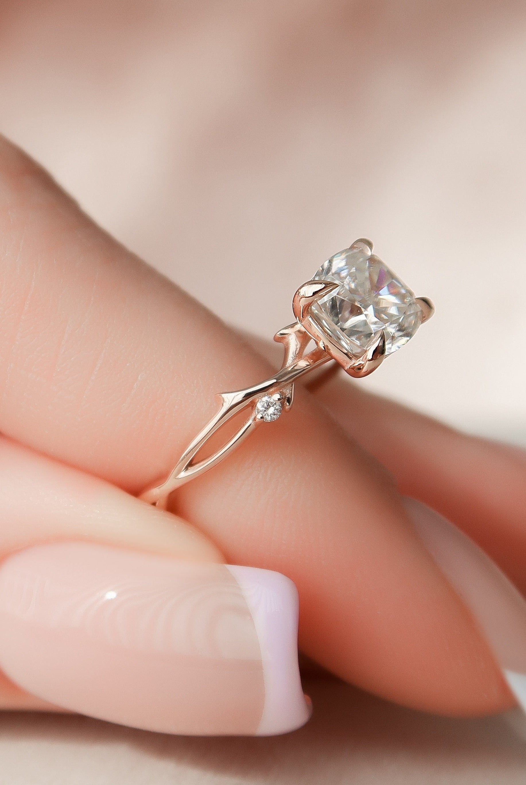1.50CT Cushion Cut Branch Moissanite Engagement Ring