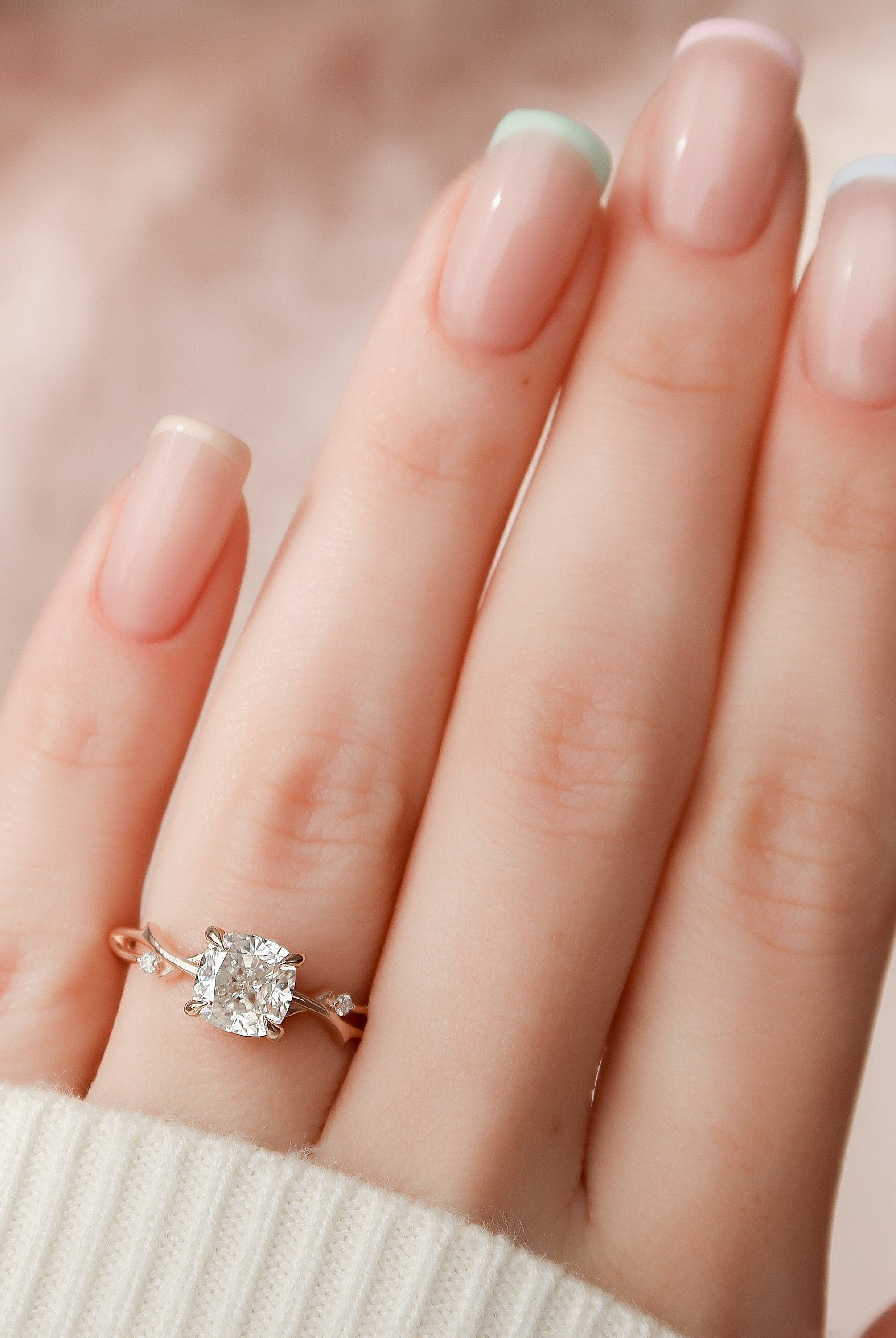 1.50CT Cushion Cut Branch Moissanite Engagement Ring