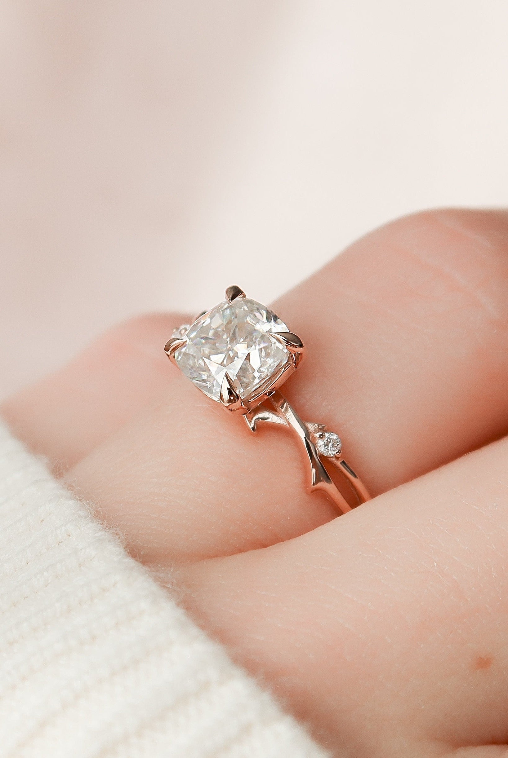 1.50CT Cushion Cut Branch Moissanite Engagement Ring
