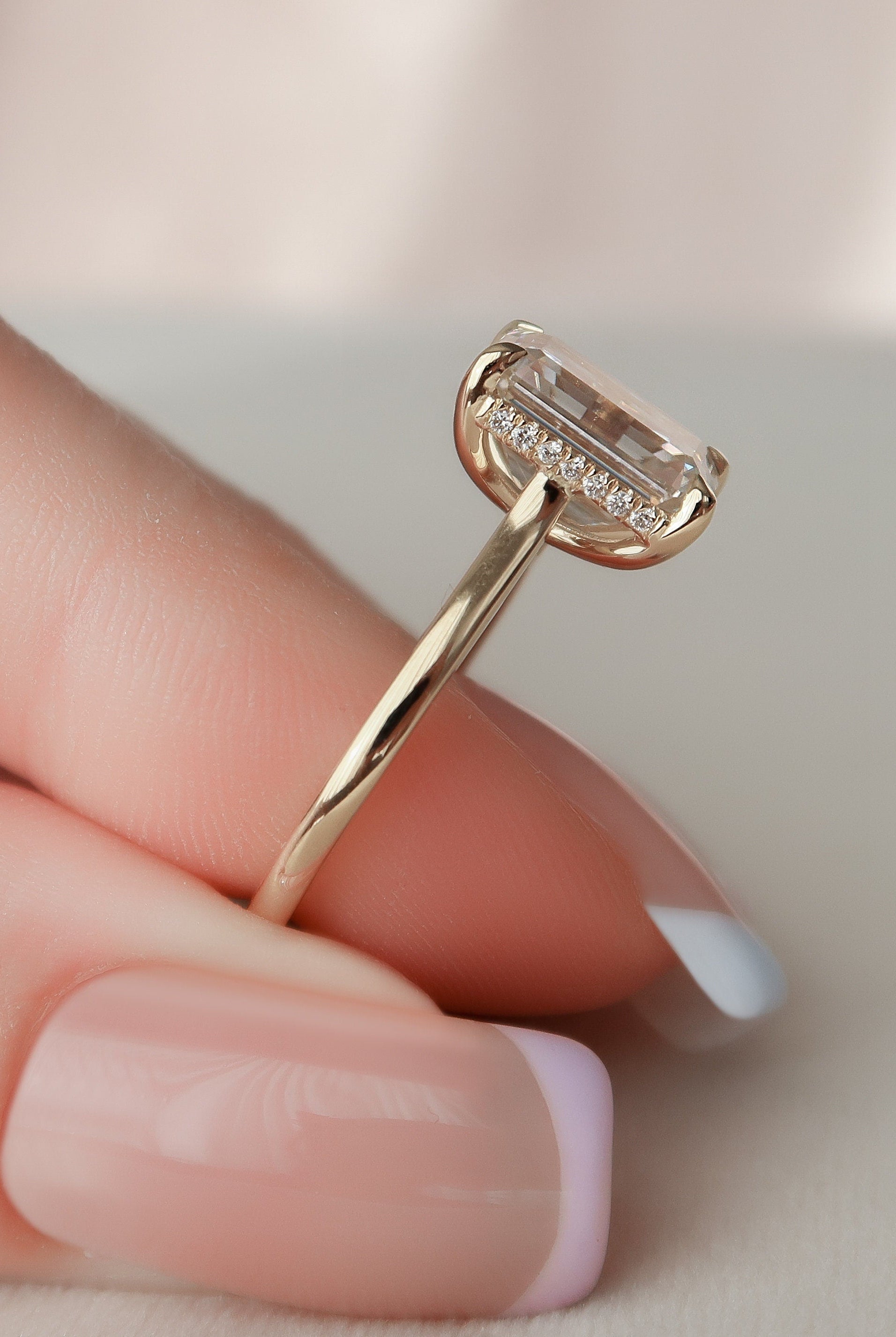 3.0CT Cathedral Set Emerald Cut Moissanite Diamond Hidden Halo Engagement Ring