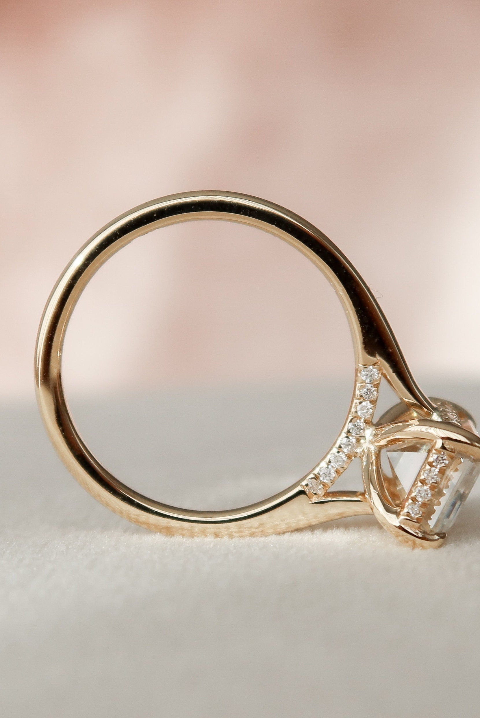 3.0CT Cathedral Set Emerald Cut Moissanite Diamond Hidden Halo Engagement Ring