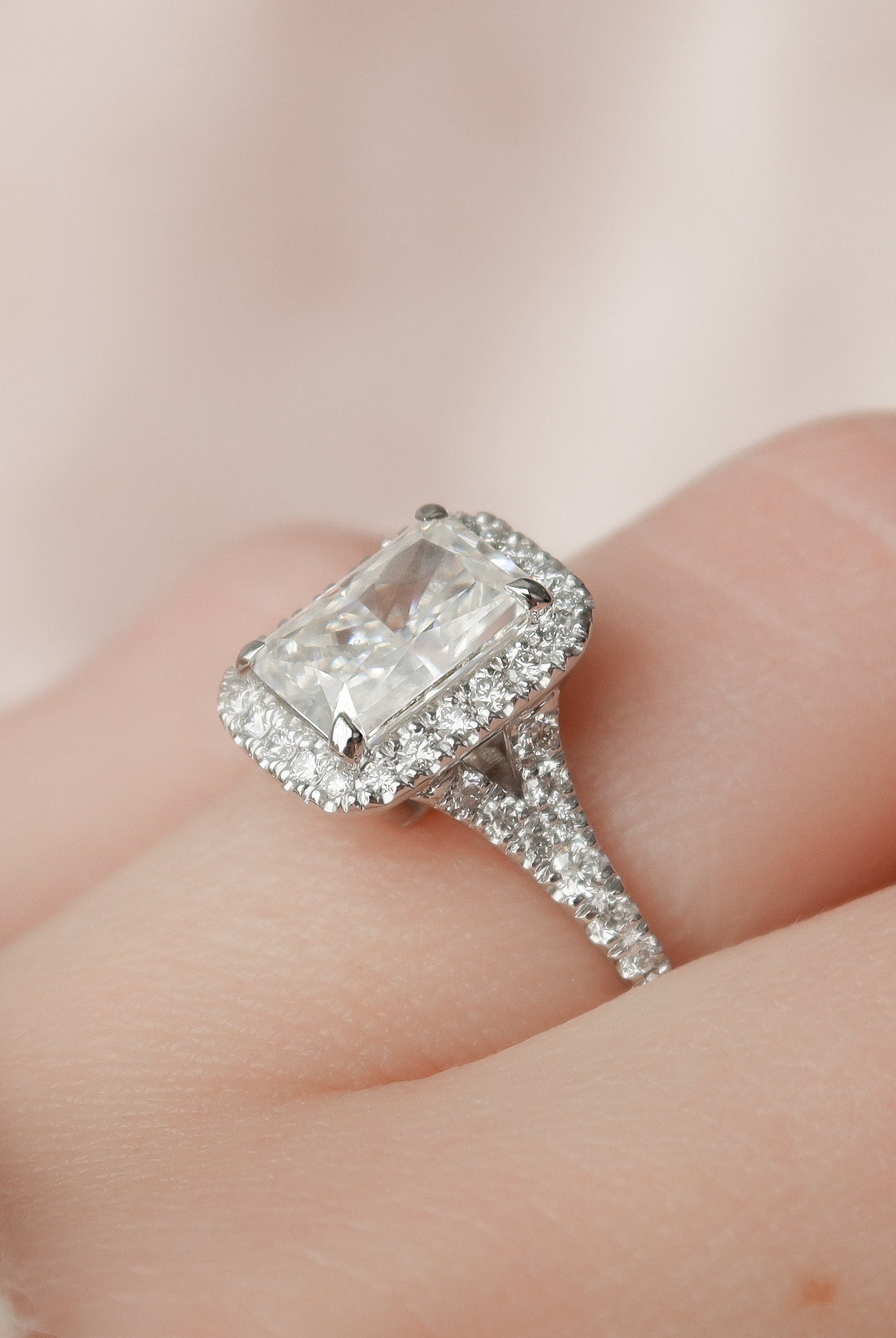 3.50CT Radiant Hidden Halo Moissanite Diamond Split Shank Engagement Ring