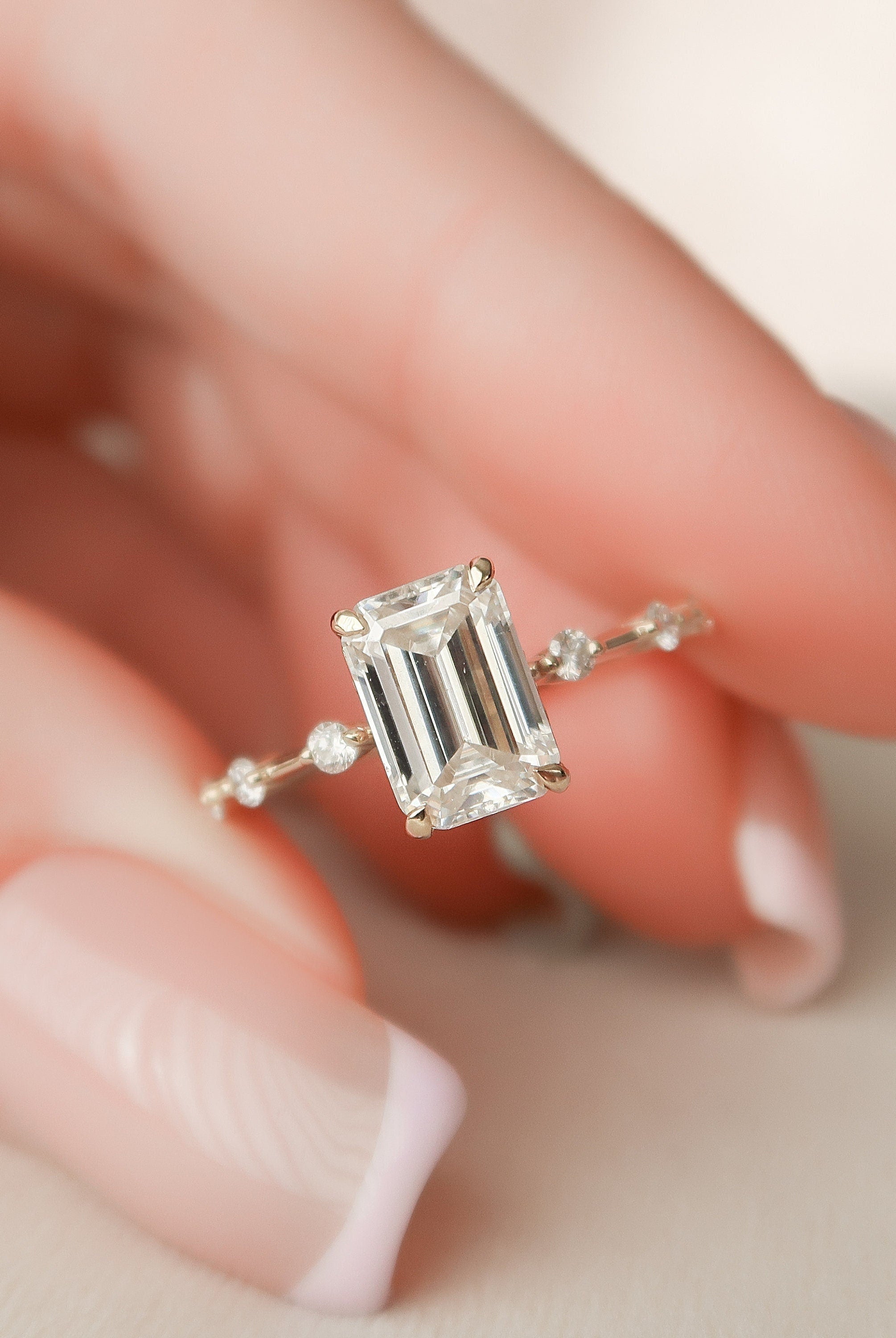 2.0CT Emerald Cut Petite Pave Moissanite Diamond Engagement Ring