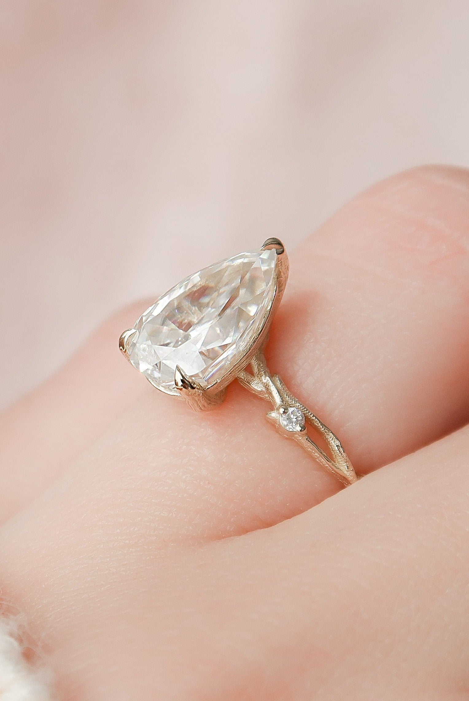 2.50CT Pear Twig Moissanite Diamond Three Prong Engagement Ring