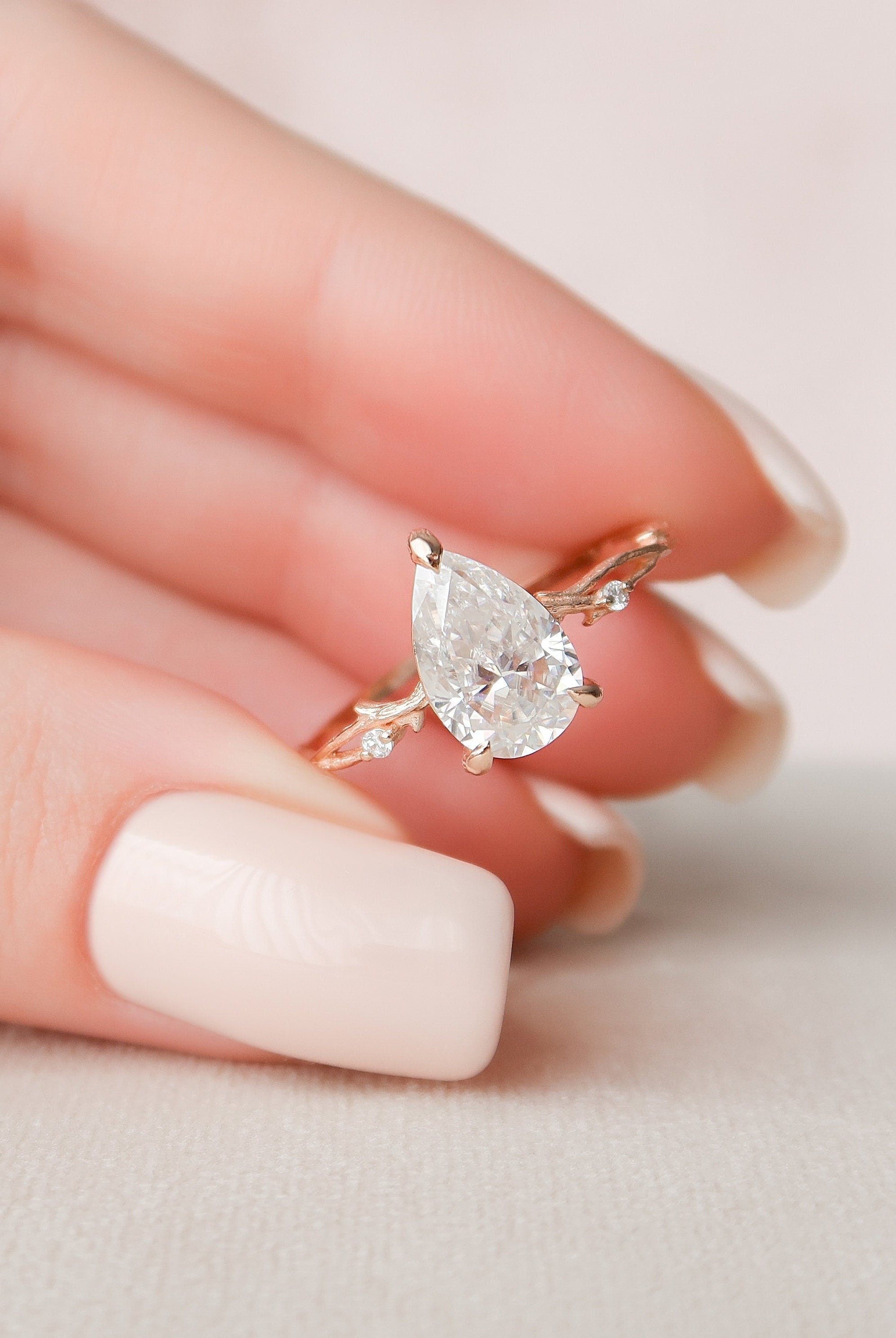 2.0CT Pear Twig Moissanite Diamond Engagement Ring In Solid Gold