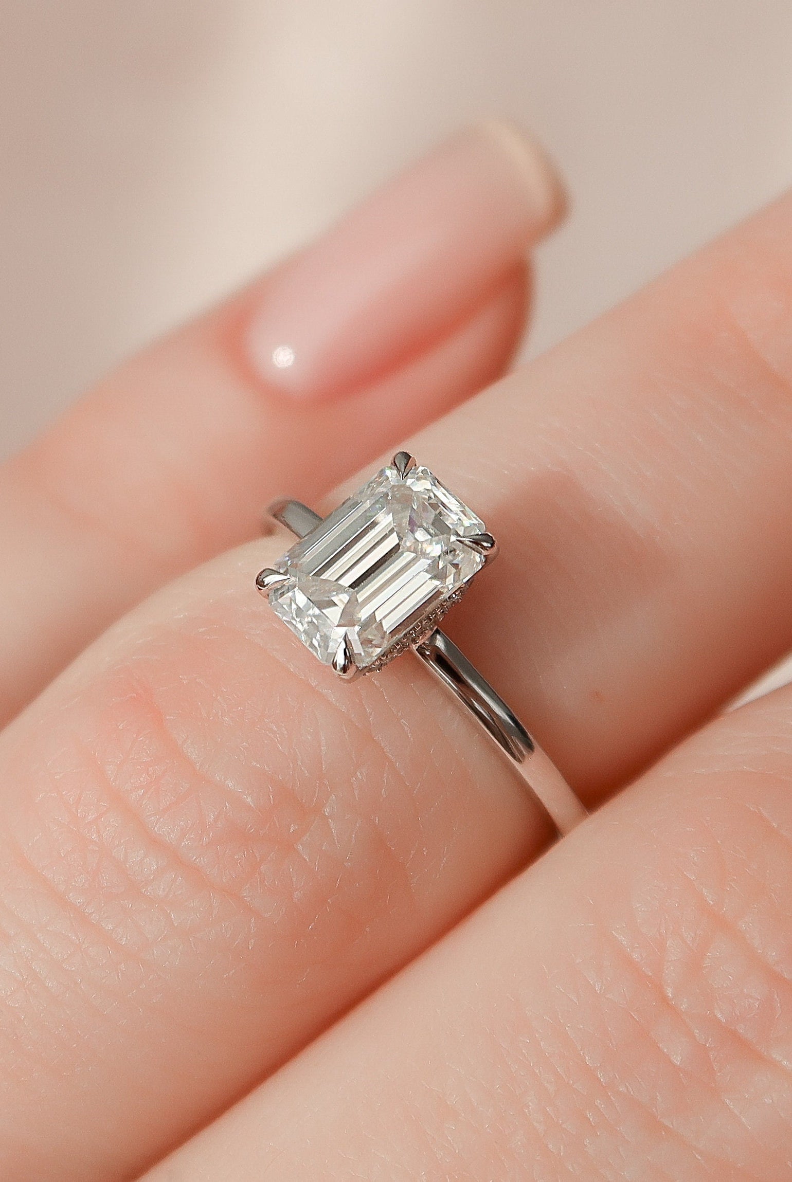 1.50CT Emerald Cut Open Setting Moissanite Diamond Hidden Halo Engagement Ring