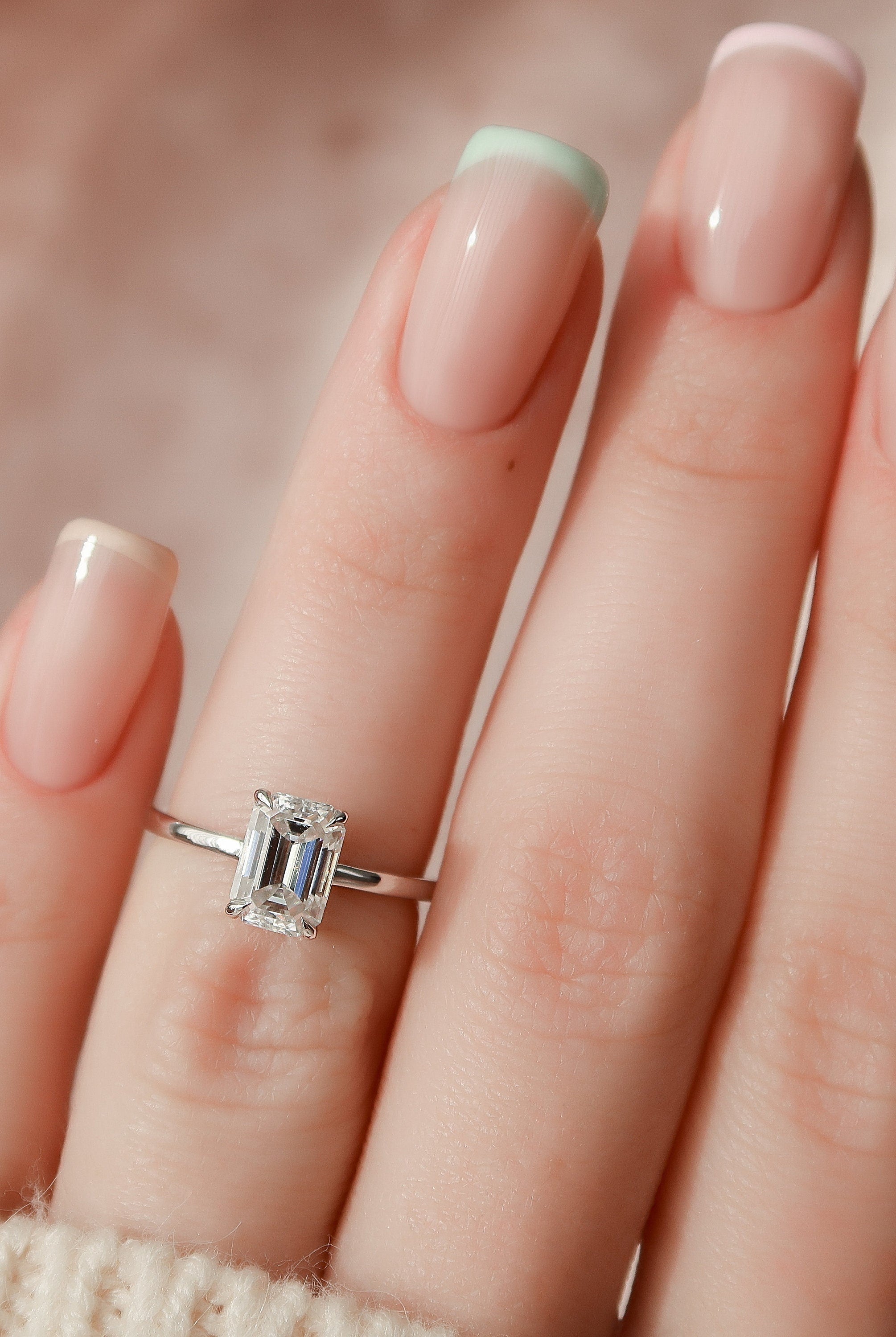1.50CT Emerald Cut Open Setting Moissanite Diamond Hidden Halo Engagement Ring
