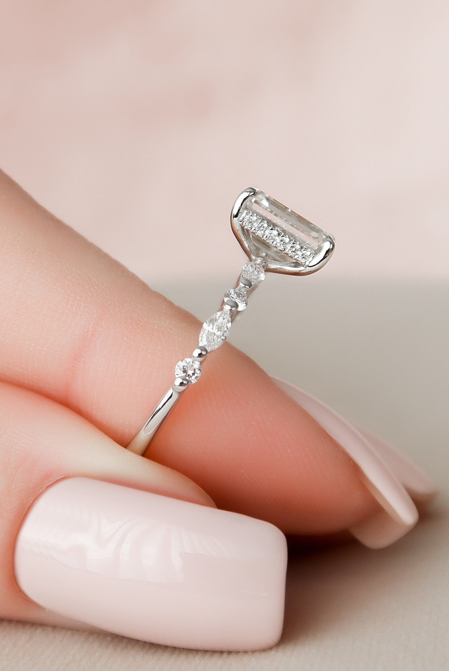 2.0CT Hidden Halo Emerald Cut Pave Moissanite Diamond Engagement Ring