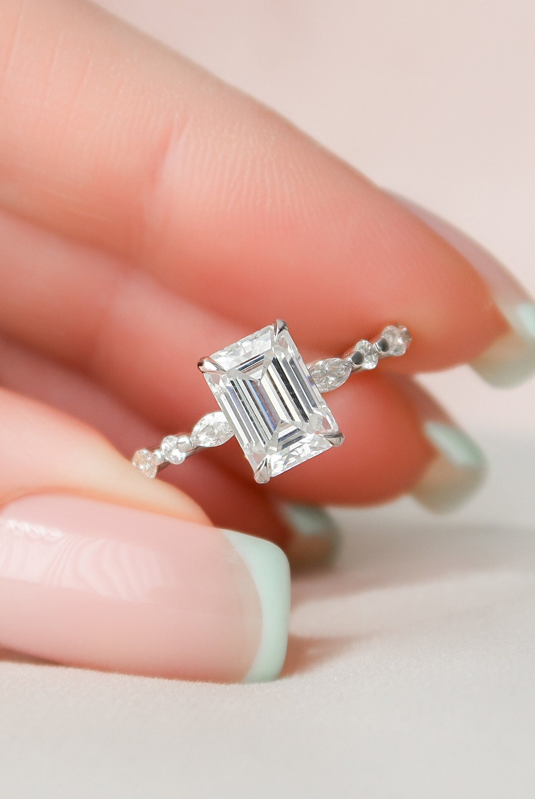 2.0CT Hidden Halo Emerald Cut Pave Moissanite Diamond Engagement Ring