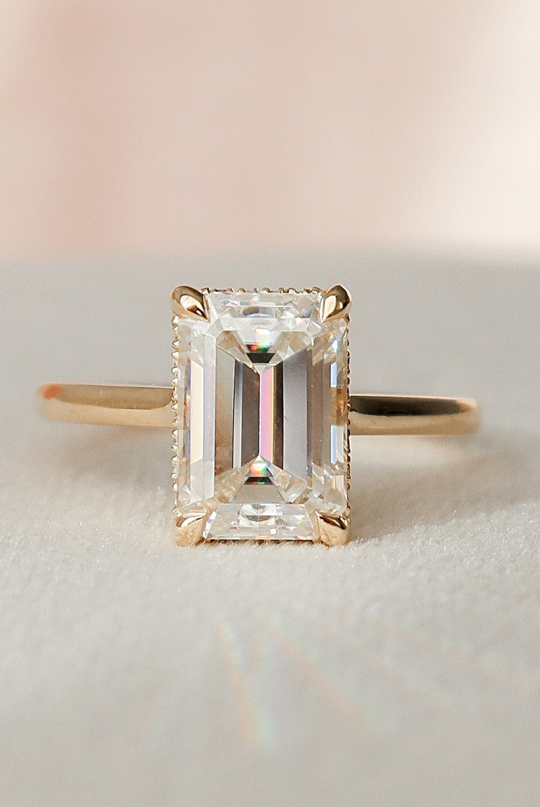 3.0CT Cathedral Set Emerald Cut Moissanite Diamond Hidden Halo Engagement Ring