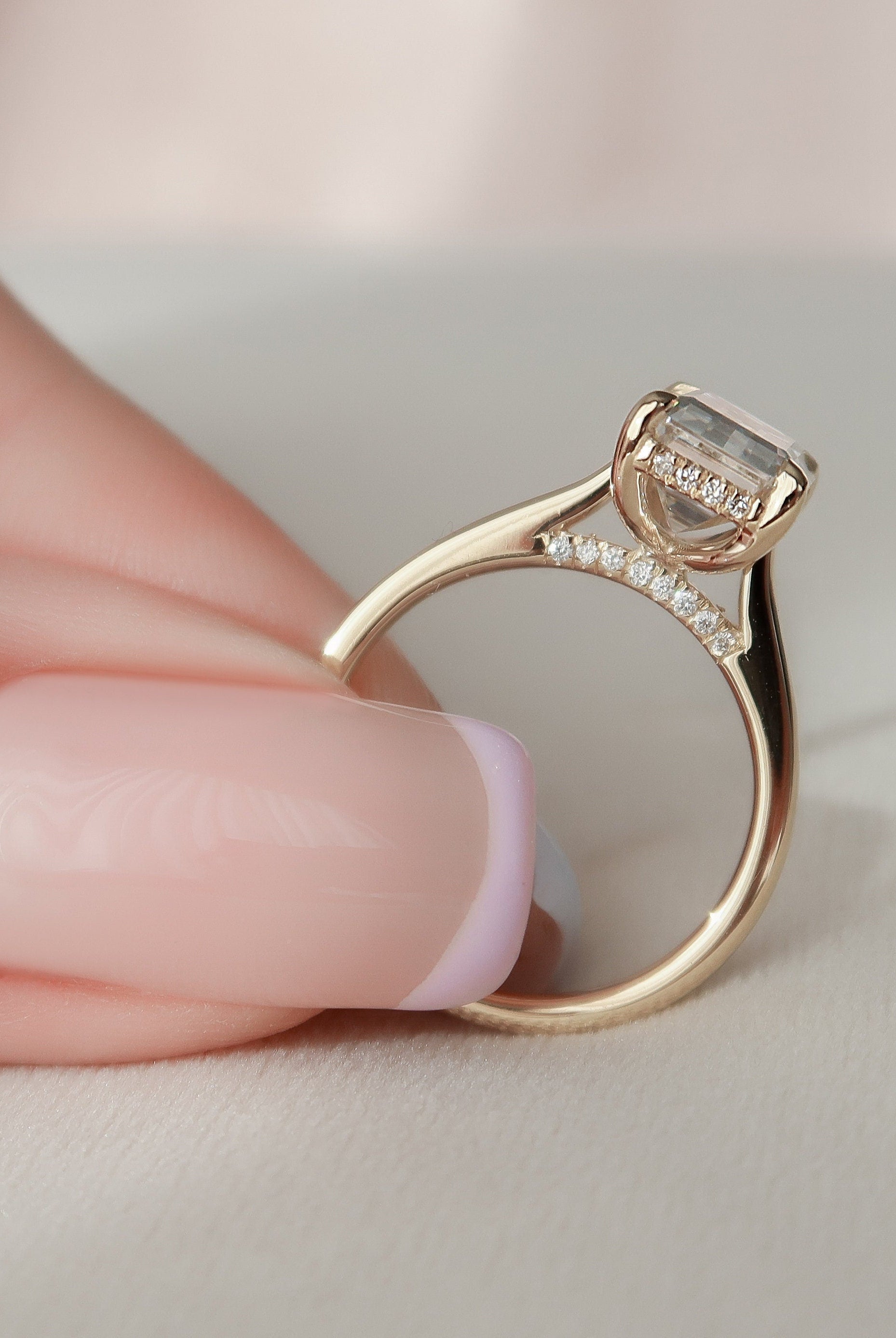 3.0CT Cathedral Set Emerald Cut Moissanite Diamond Hidden Halo Engagement Ring