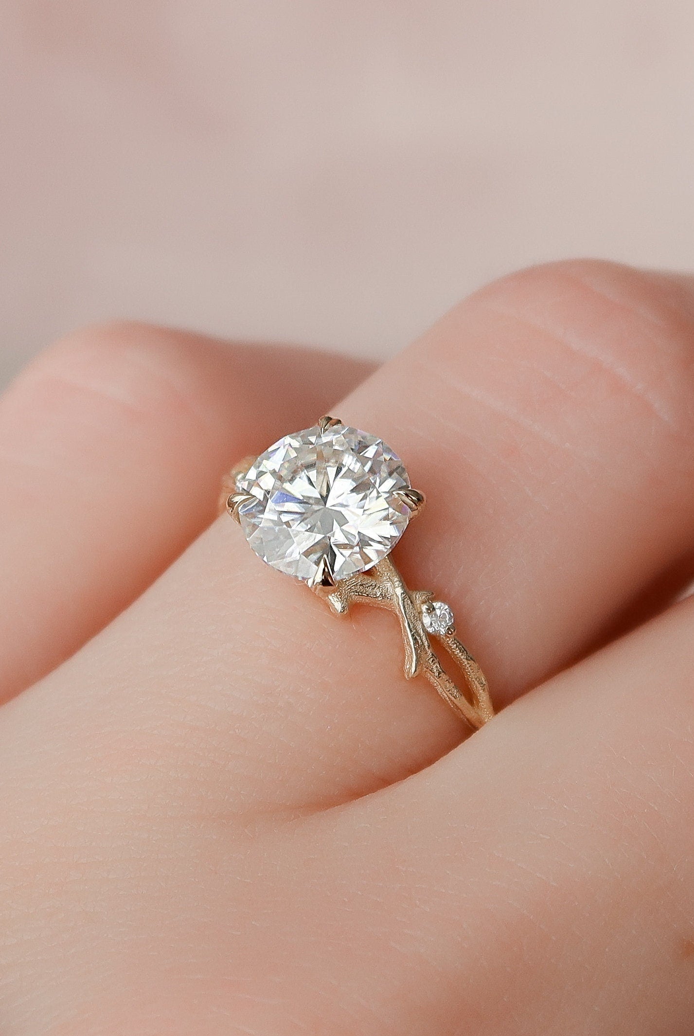 2.0CT Round Twig Moissanite Diamond Engagement Ring In Solid Gold