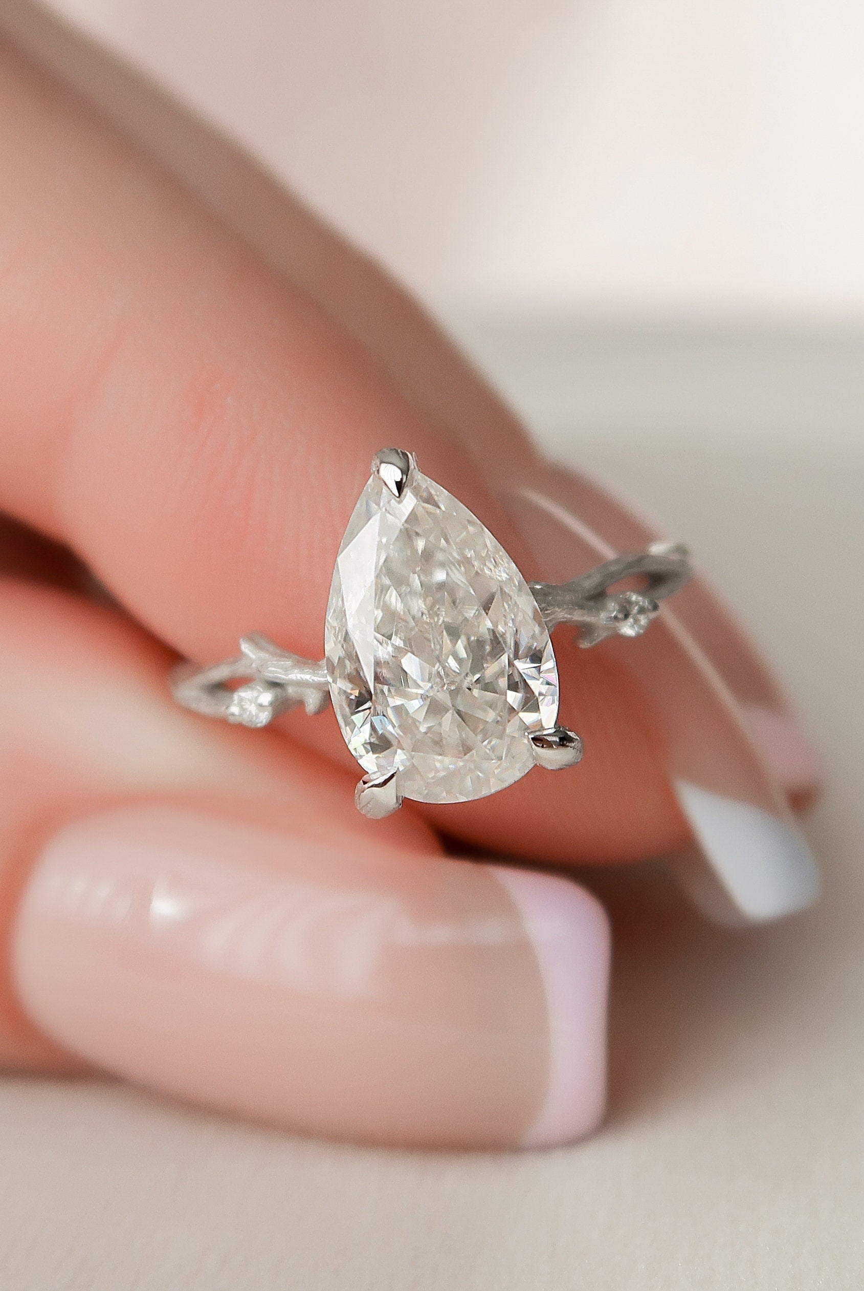 2.0CT Pear Twig Moissanite Diamond Engagement Ring In Solid Gold