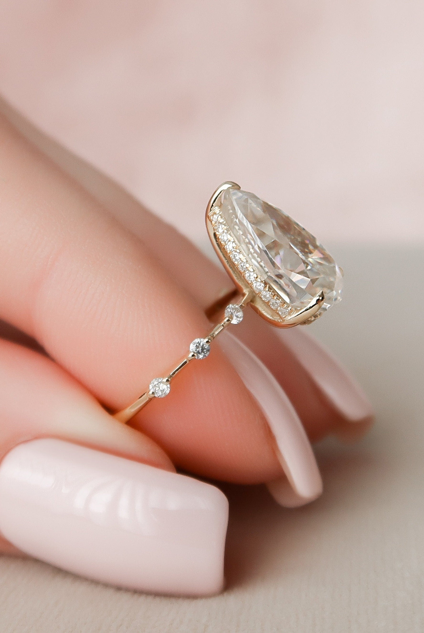 3.50CT Pear Hidden Halo Moissanite Diamond Petite Pave Engagement Ring