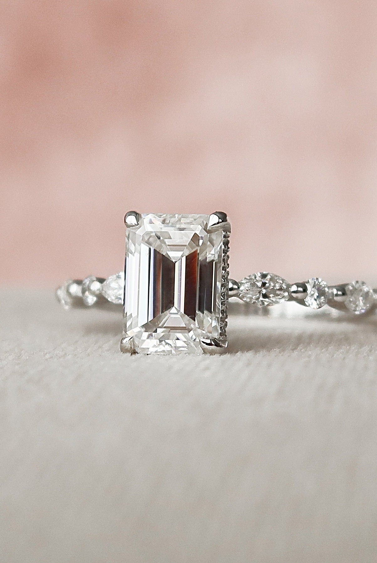 2.0CT Hidden Halo Emerald Cut Pave Moissanite Diamond Engagement Ring