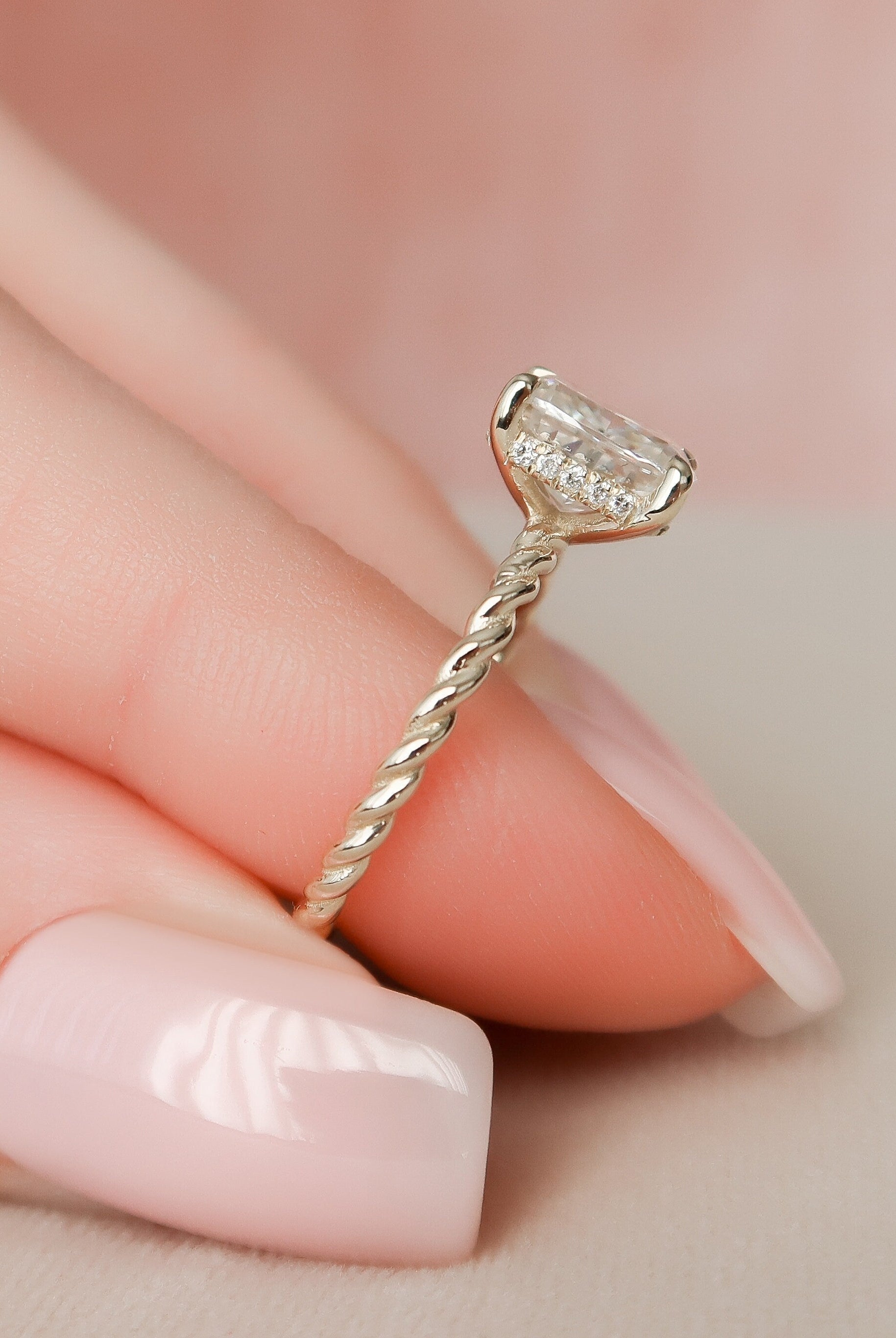 2.0CT Elongated Cushion Braided Moissanite Diamond Hidden Halo Engagement Ring