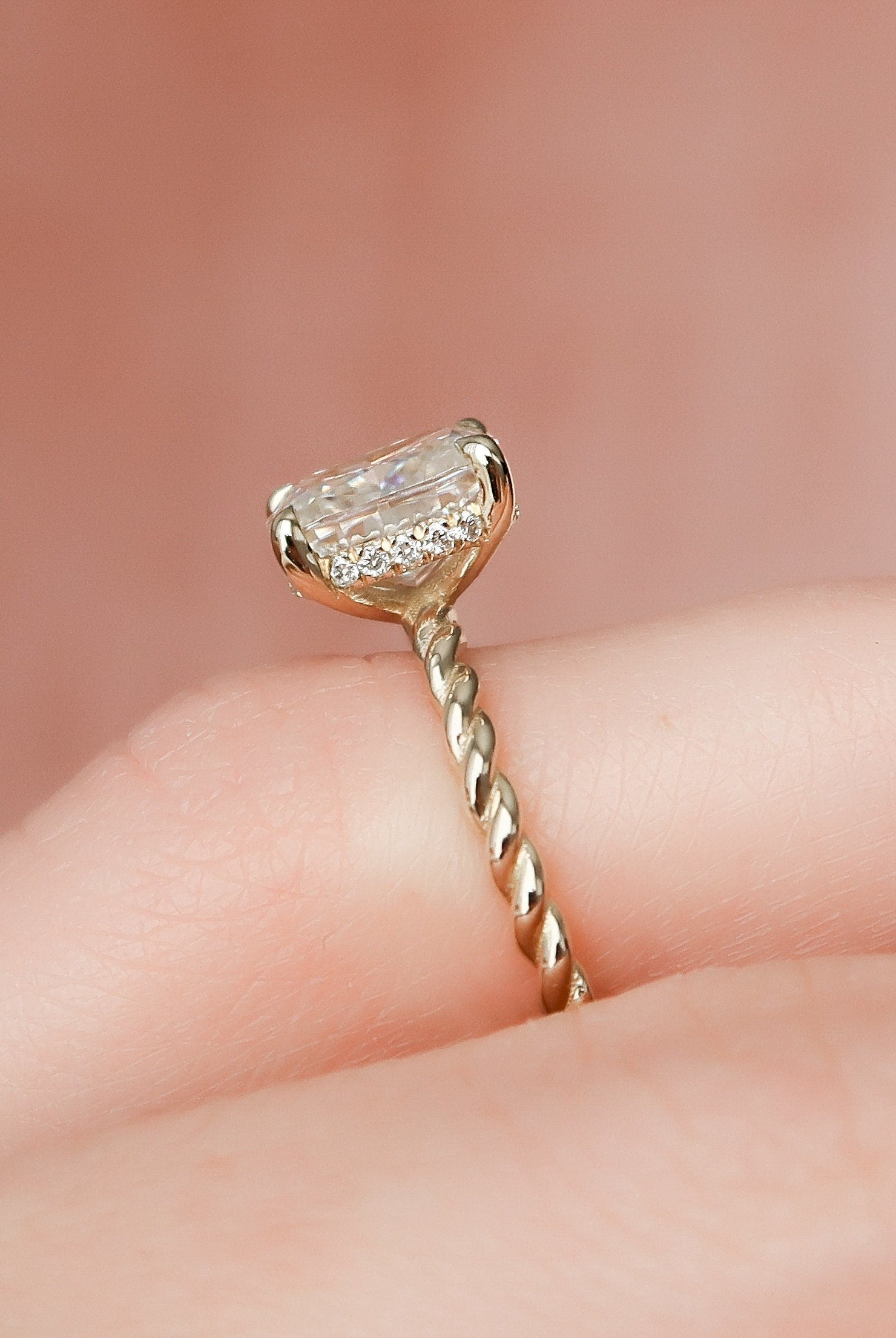 2.0CT Elongated Cushion Braided Moissanite Diamond Hidden Halo Engagement Ring