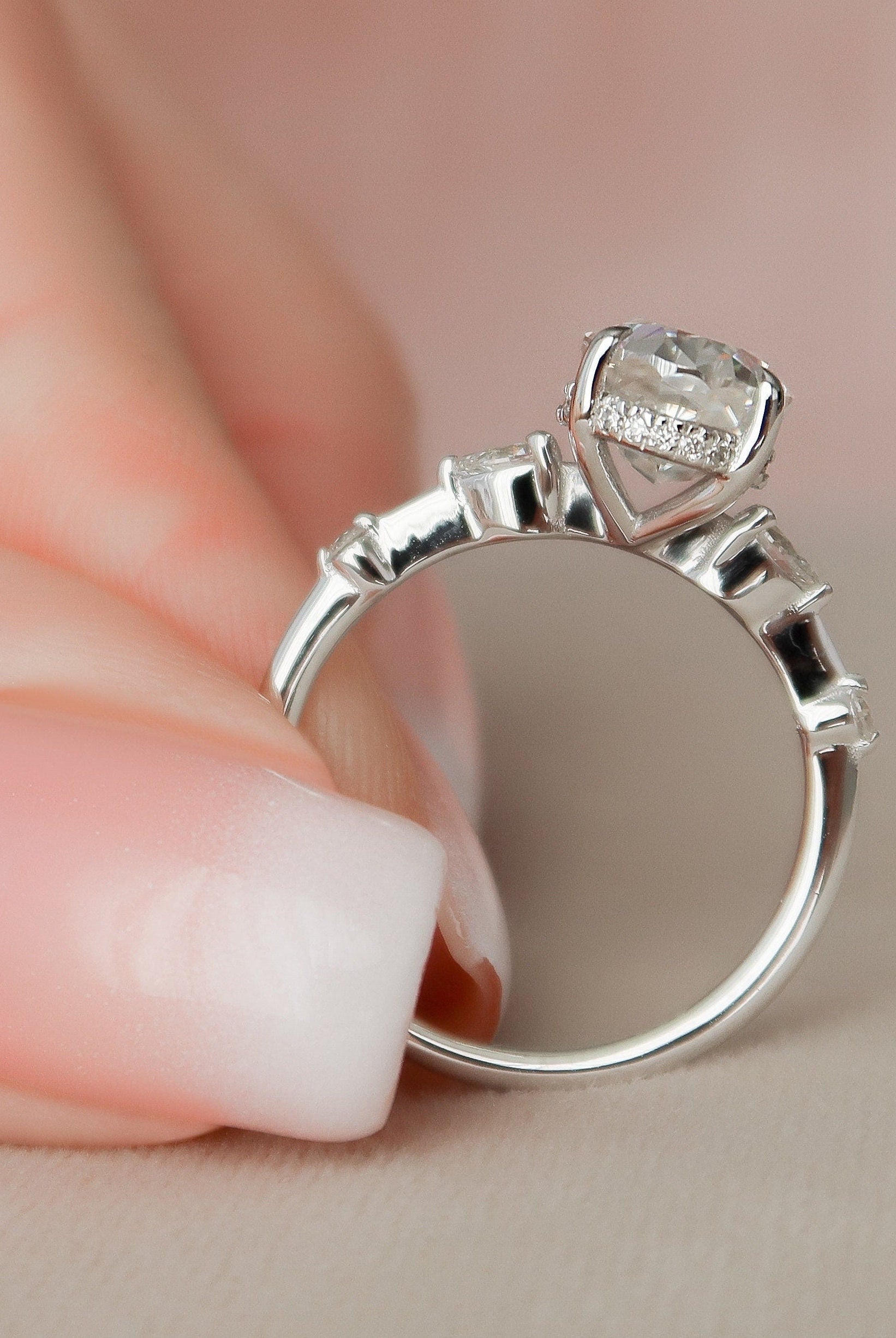 2.0CT Oval Hidden Halo Moissanite Diamond Petite Pave Engagement Ring In Solid Gold