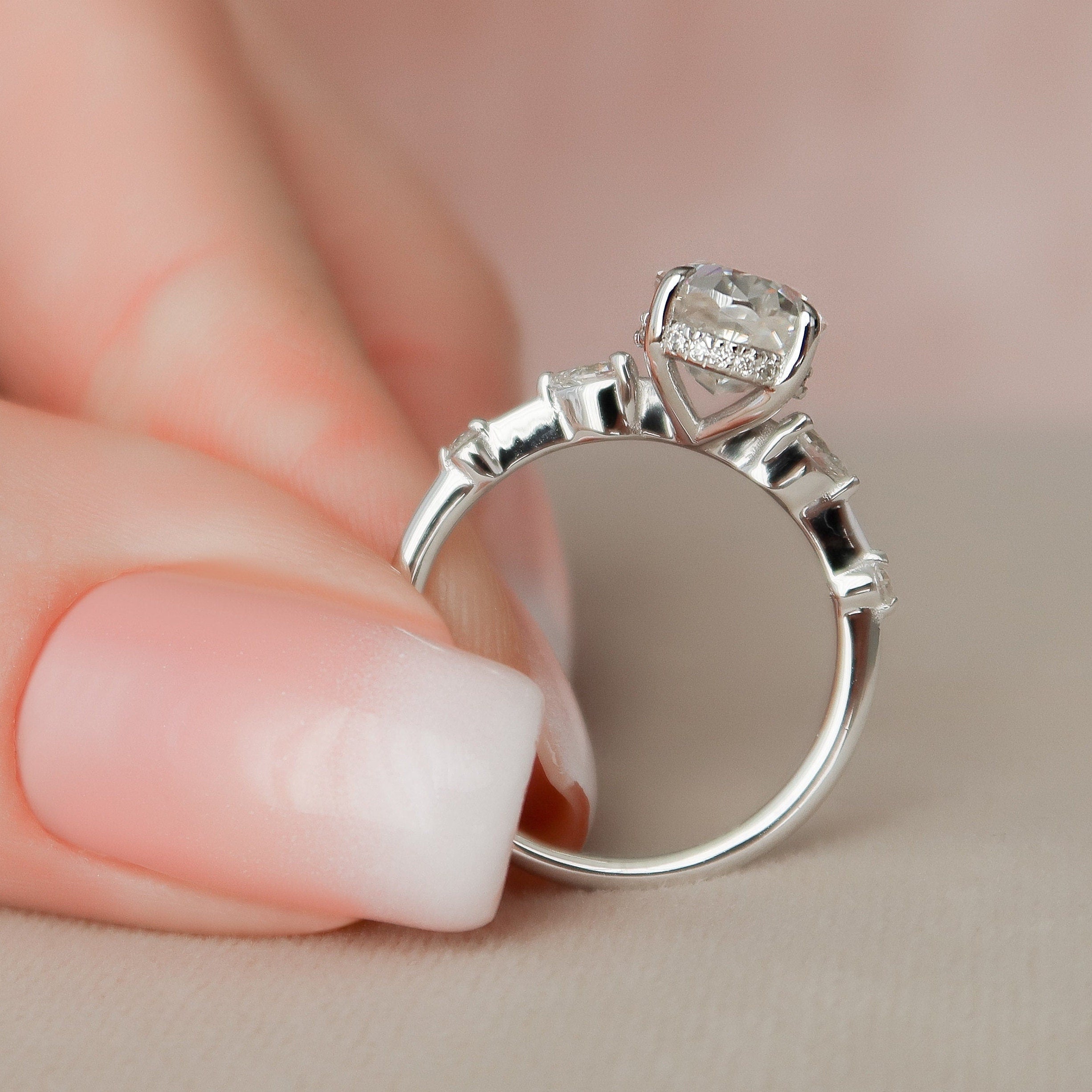 2.0CT Oval Hidden Halo Moissanite Diamond Petite Pave Engagement Ring In Solid Gold