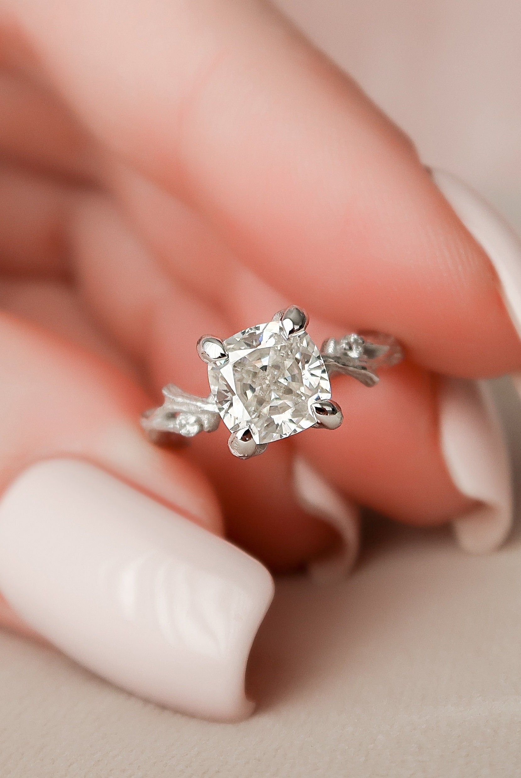 1.50CT Cushion Cut Branch Moissanite Engagement Ring